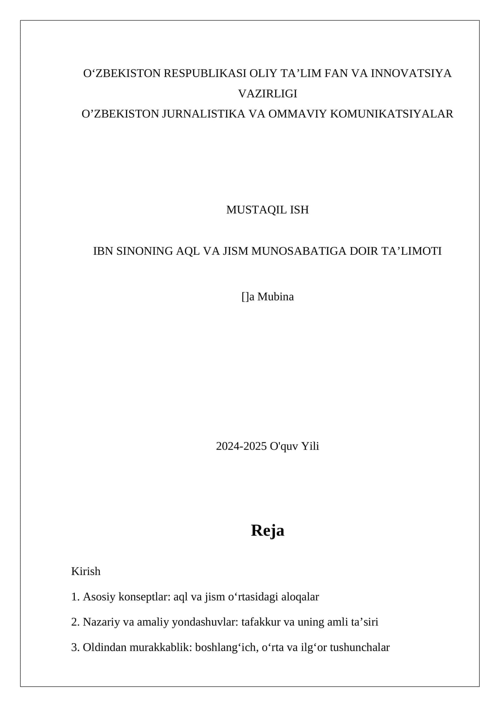 IBN SINONING AQL VA JISM MUNOSABATIGA DOIR TA’LIMOTI 1