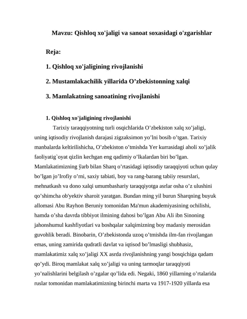 Qishloq xo'jaligi va sanoat soxasidagi o'zgarishlar 1