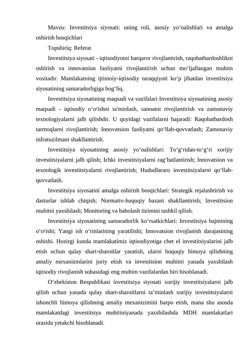 Investitsiya siyosati: uning roli, asosiy yoʻnalishlari va amalga oshirish bosqichlari 1