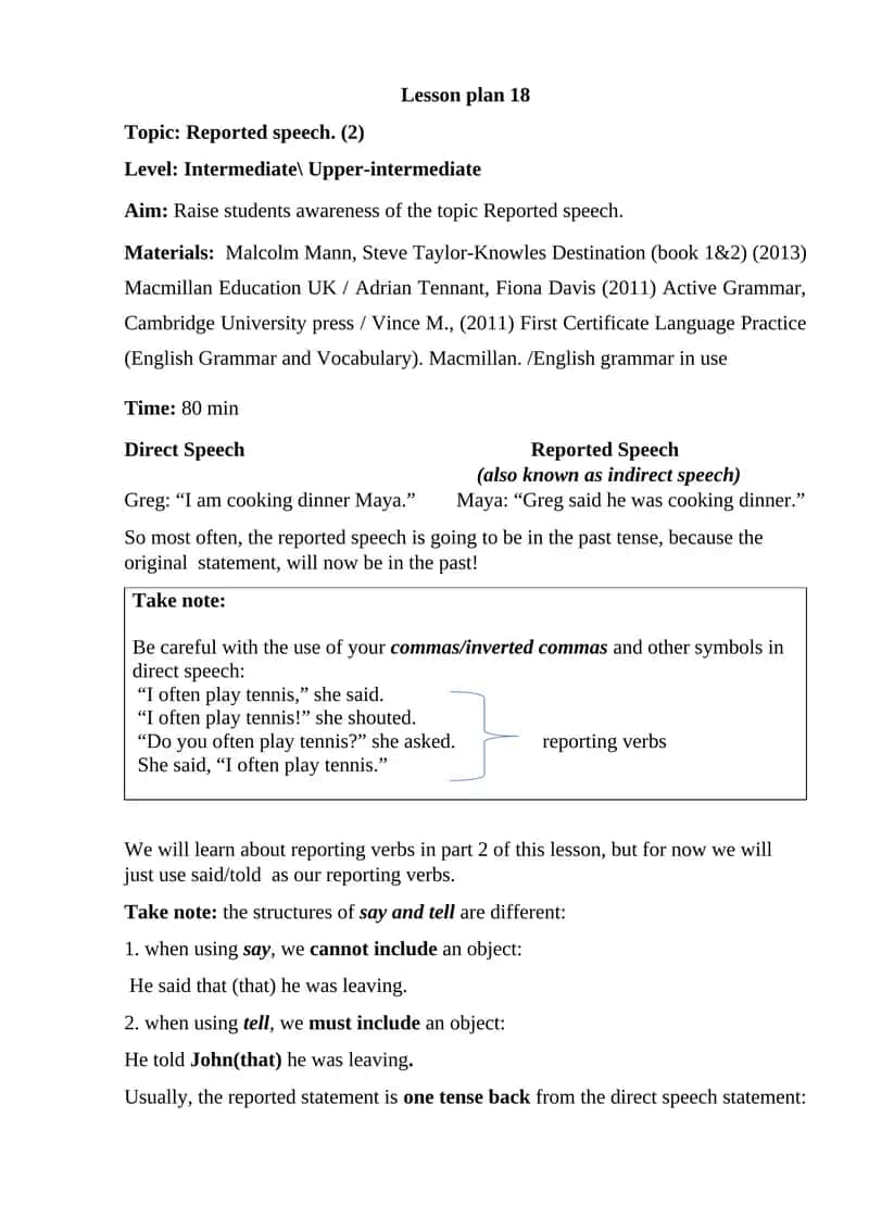 Reported speech lesson plan 1