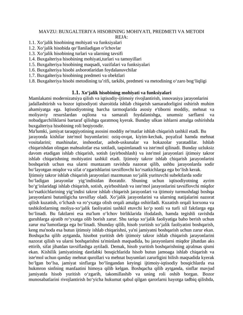 BUXGALTERIYA HISOBINING MOHIYATI, PREDMETI VA METODI 1