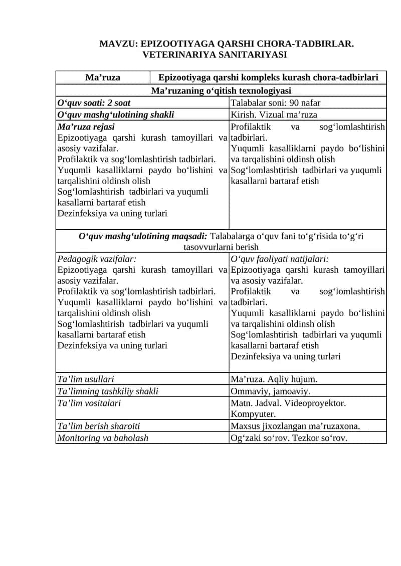 EPIZOOTIYAGA QARSHI CHORA-TADBIRLAR. VETERINARIYA SANITARIYASI 1