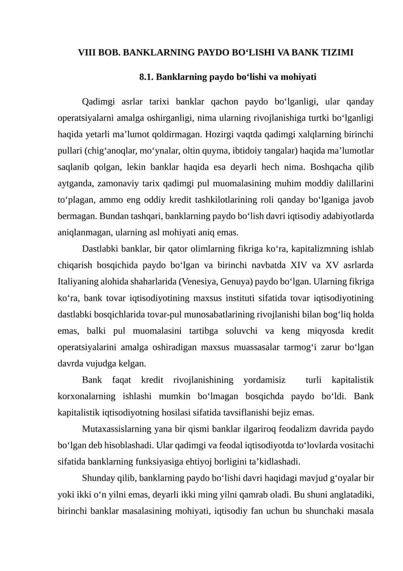 BANKLARNING PAYDO BO‘LISHI VA BANK TIZIMI 1