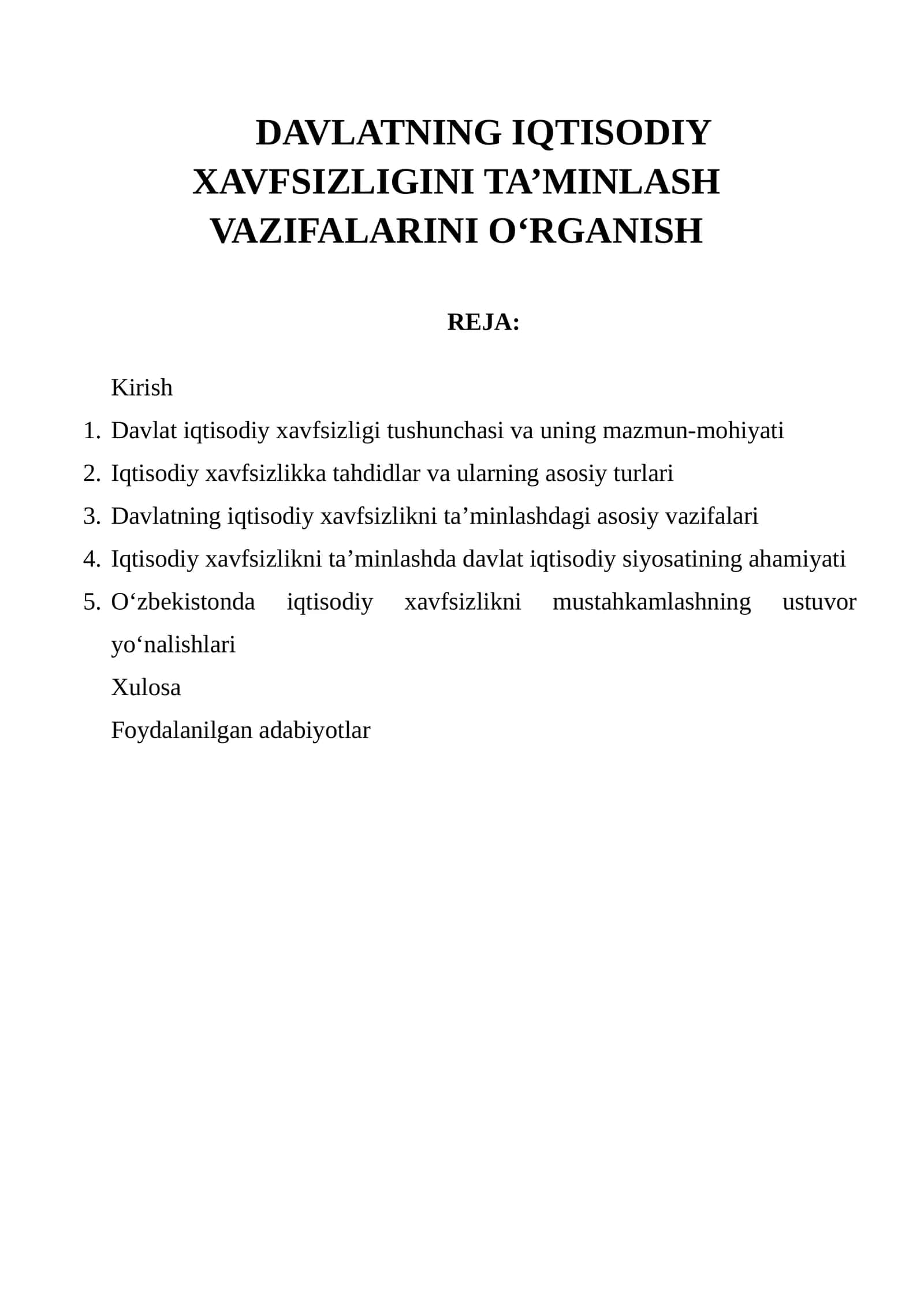 Davlatning Iqtisodiy Xavfsizligini Ta’minlash Vazifalarini O‘rganish 1