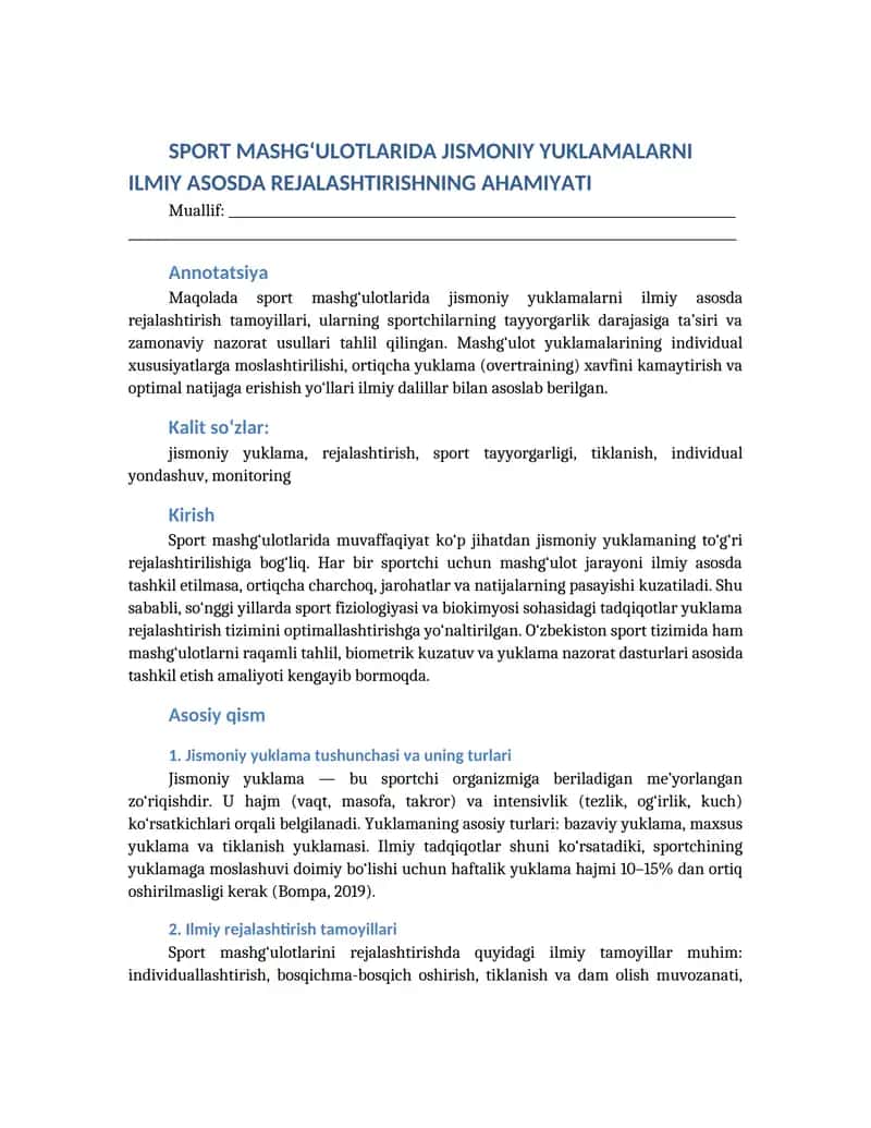 SPORT MASHG‘ULOTLARIDA JISMONIY YUKLAMALARNI ILMIY ASOSDA REJALASHTIRISHNING AHAMIYATI 1