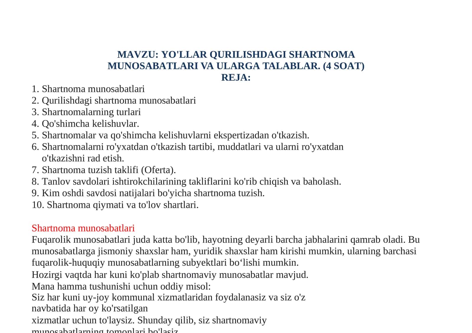 YO'LLAR QURILISHDAGI SHARTNOMA MUNOSABATLARI VA ULARGA TALABLAR 1