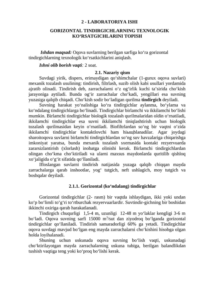 GОRIZОNTAL TINDIRGICHLARNING TEХNОLОGIK KO‘RSATGICHLARINI TОPISH 1