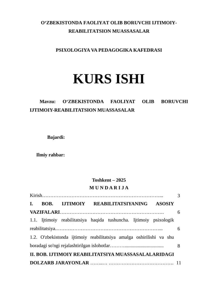 О‘ZBEKISTONDA FAOLIYAT OLIB BORUVCHI IJTIMOIY-REABILITATSION MUASSASALAR 1