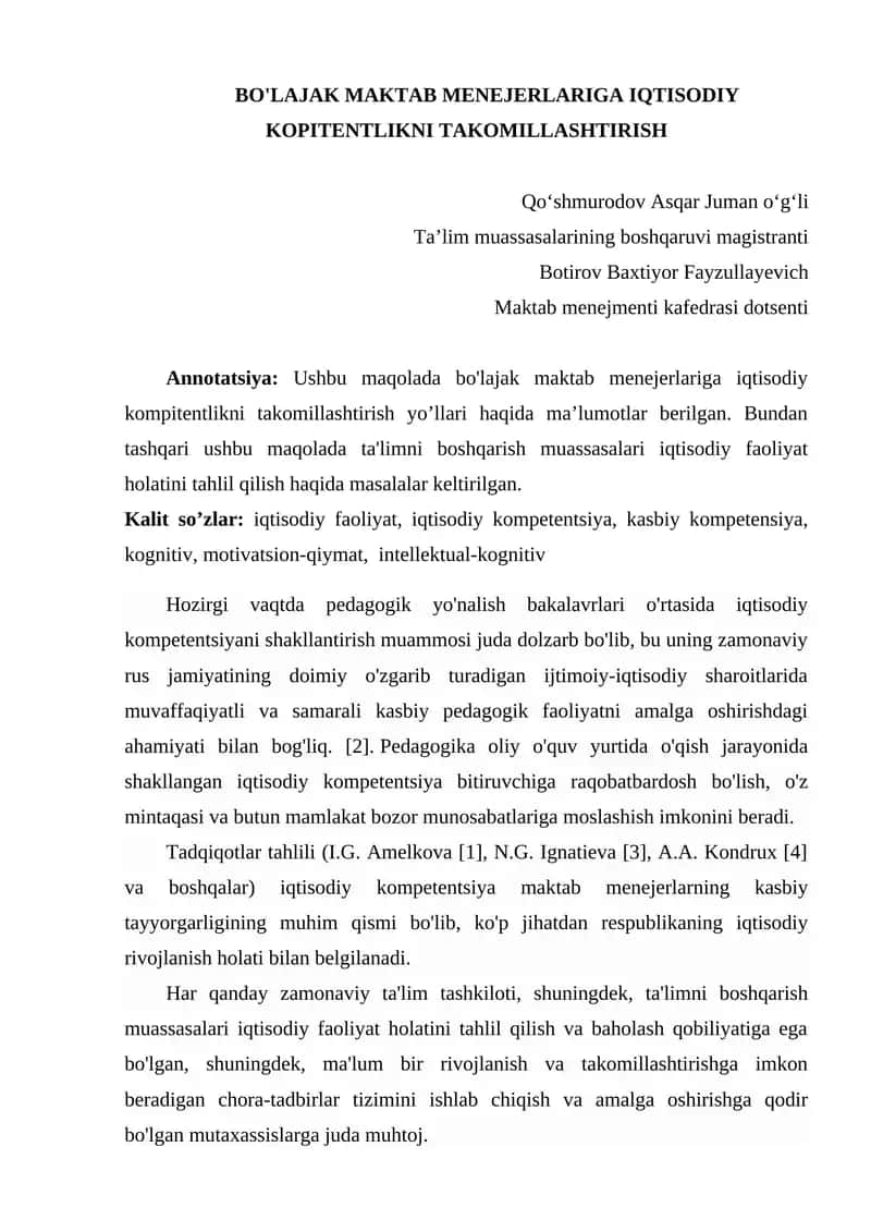 BO'LAJAK MAKTAB MENEJERLARIGA IQTISODIY KOPITENTLIKNI TAKOMILLASHTIRISH 1