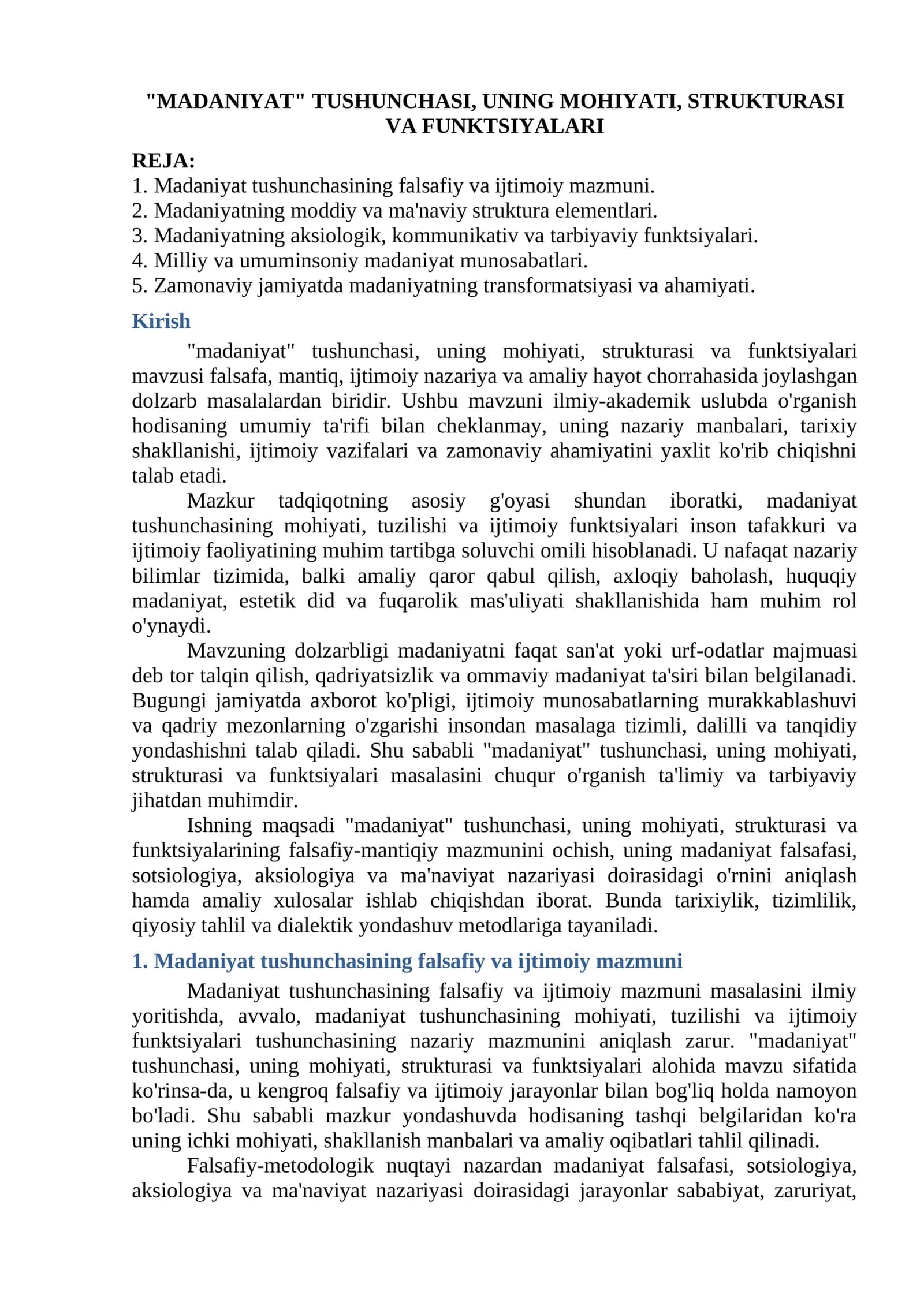 "MADANIYAT" TUSHUNCHASI, UNING MOHIYATI, STRUKTURASI VA FUNKTSIYALARI 1