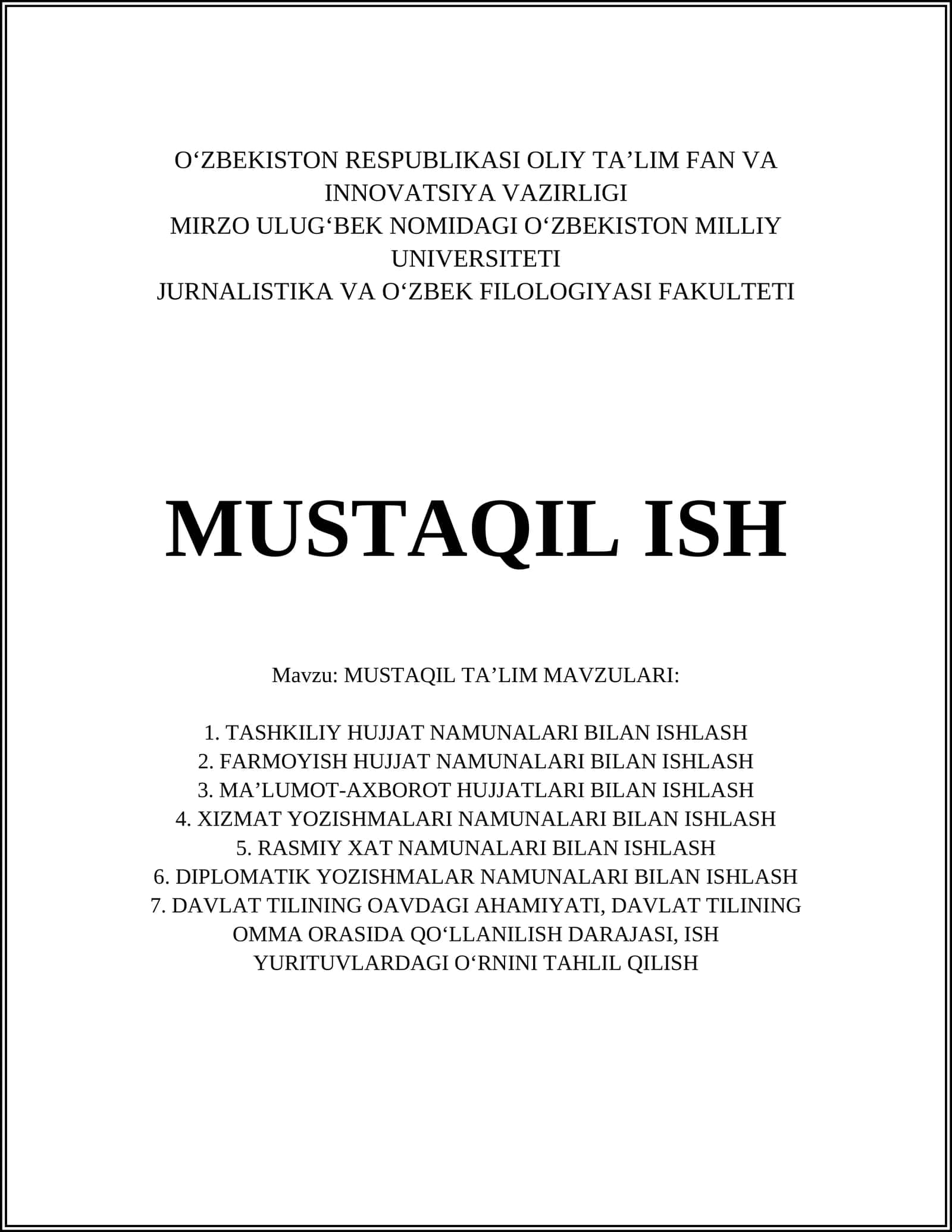 MUSTAQIL TA’LIM MAVZULARI 1