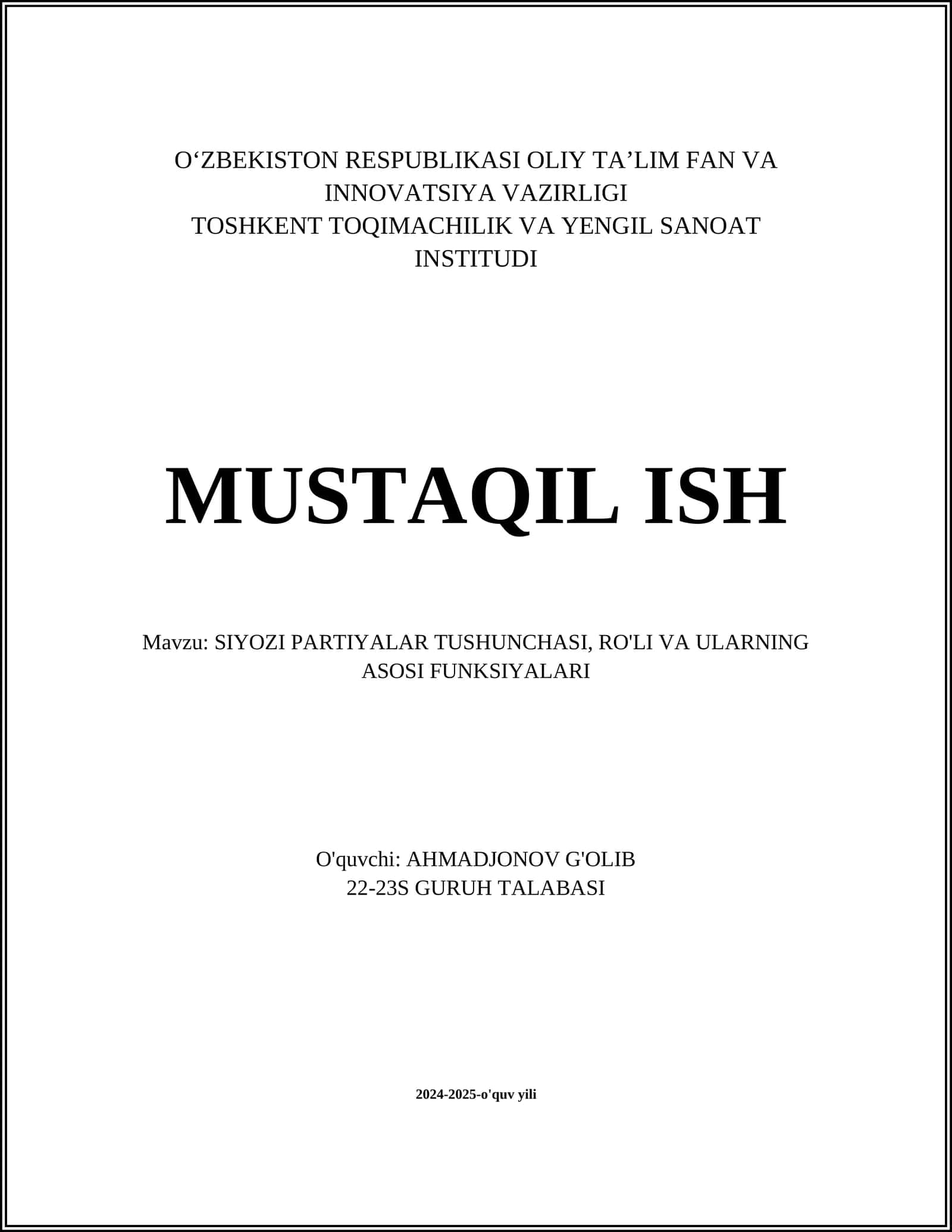 SIYOZI PARTIYALAR TUSHUNCHASI, RO'LI VA ULARNING ASOSI FUNKSIYALARI 1