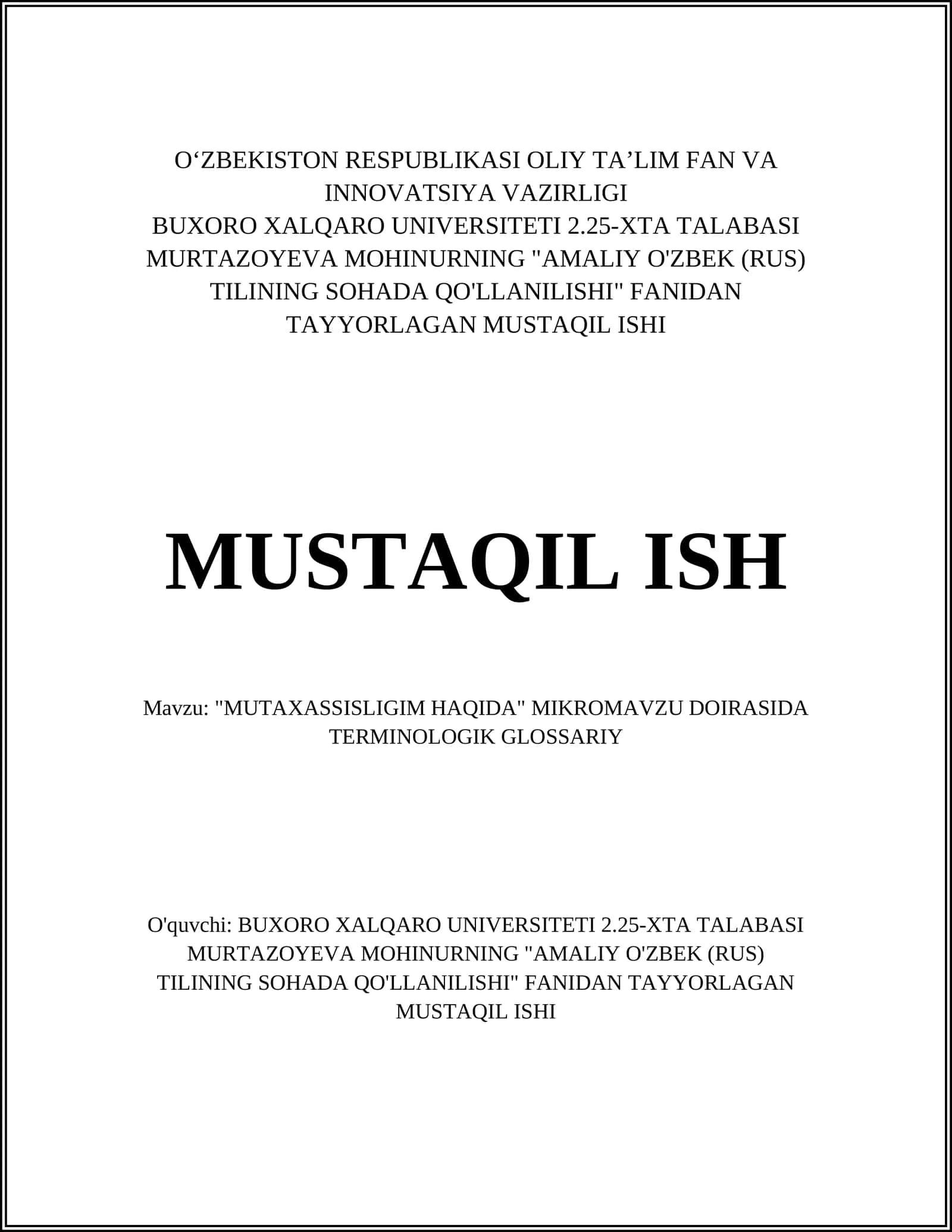 "MUTAXASSISLIGIM HAQIDA" MIKROMAVZU DOIRASIDA TERMINOLOGIK GLOSSARIY 1