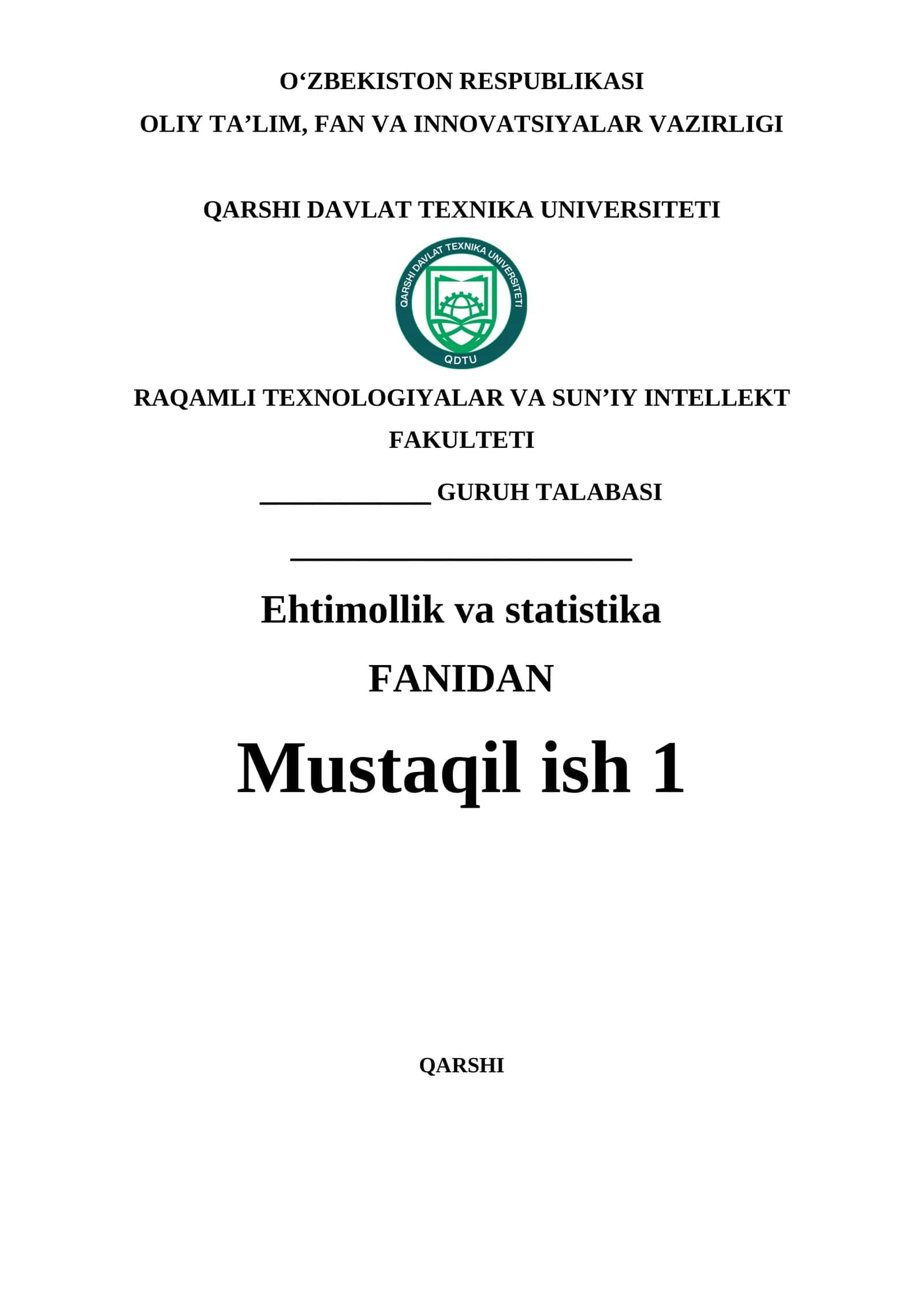1-mustaqil ish.HODISALAR VA ULARNING TURLARI. HODISALAR ALGEBRASI VA SIGMA-ALGEBRASI 1