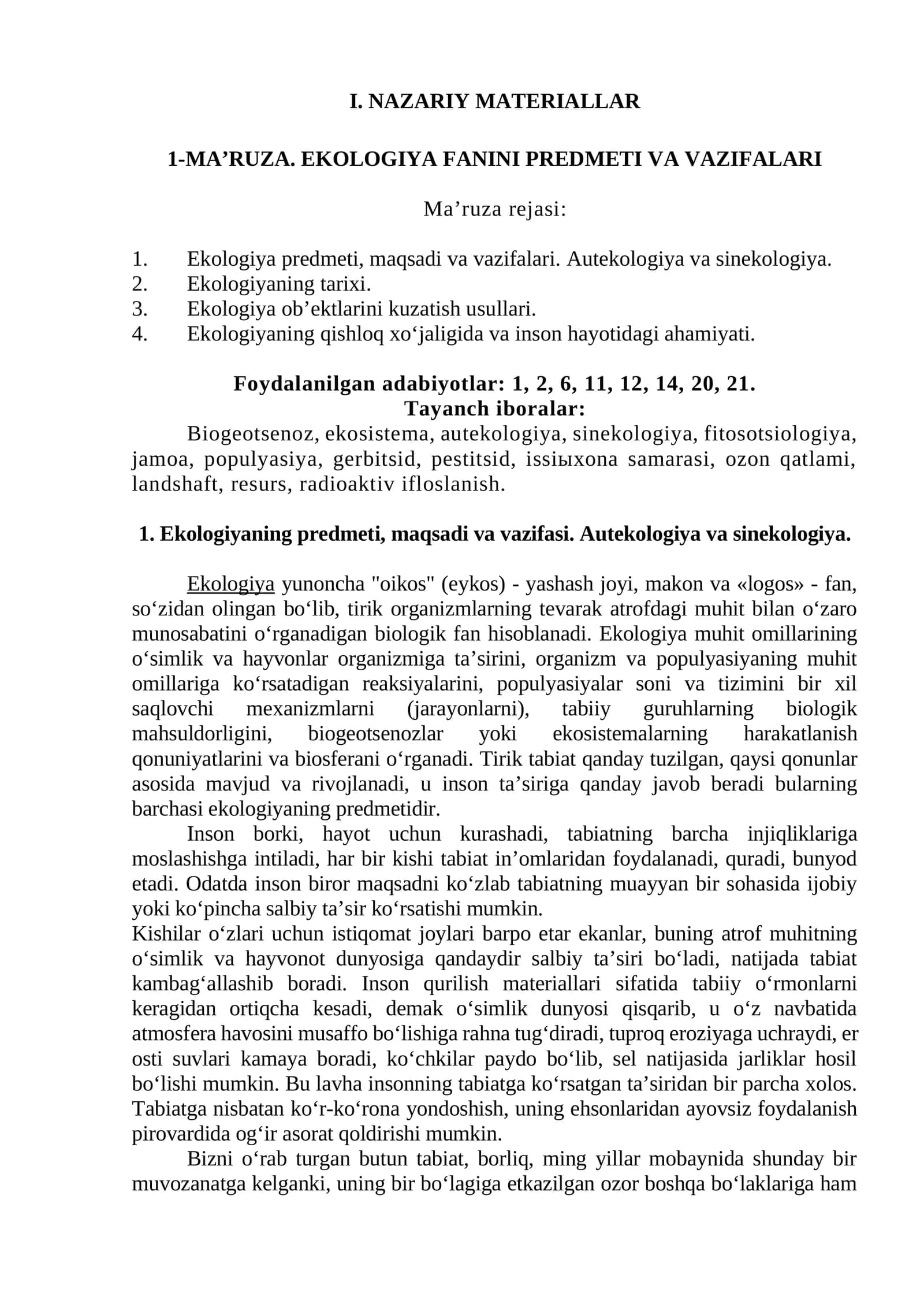 Ekologiya Fanini Predmeti va Vazifalari 1