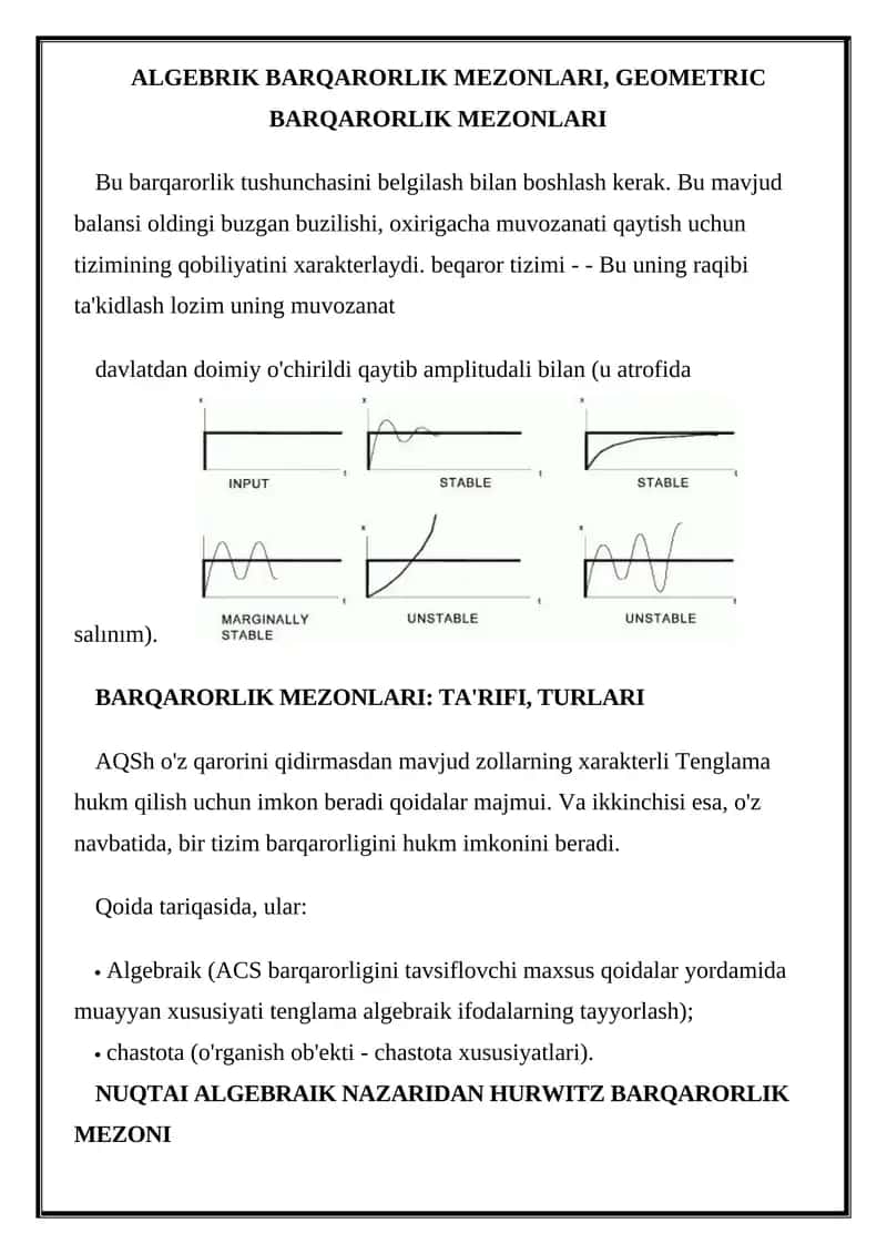 ALGEBRIK BARQARORLIK MEZONLARI 1