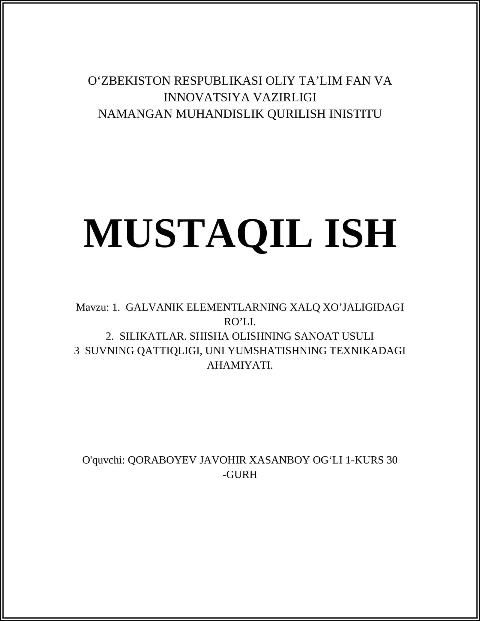 GALVANIK ELEMENTLARNING XALQ XO’JALIGIDAGI RO’LI 1