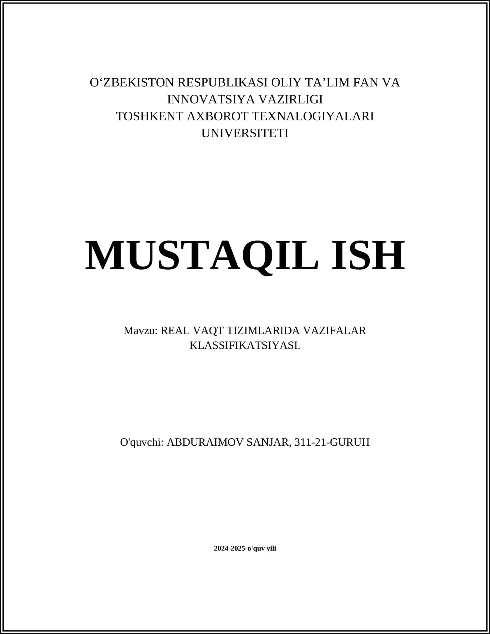 REAL VAQT TIZIMLARIDA VAZIFALAR KLASSIFIKATSIYASI 1