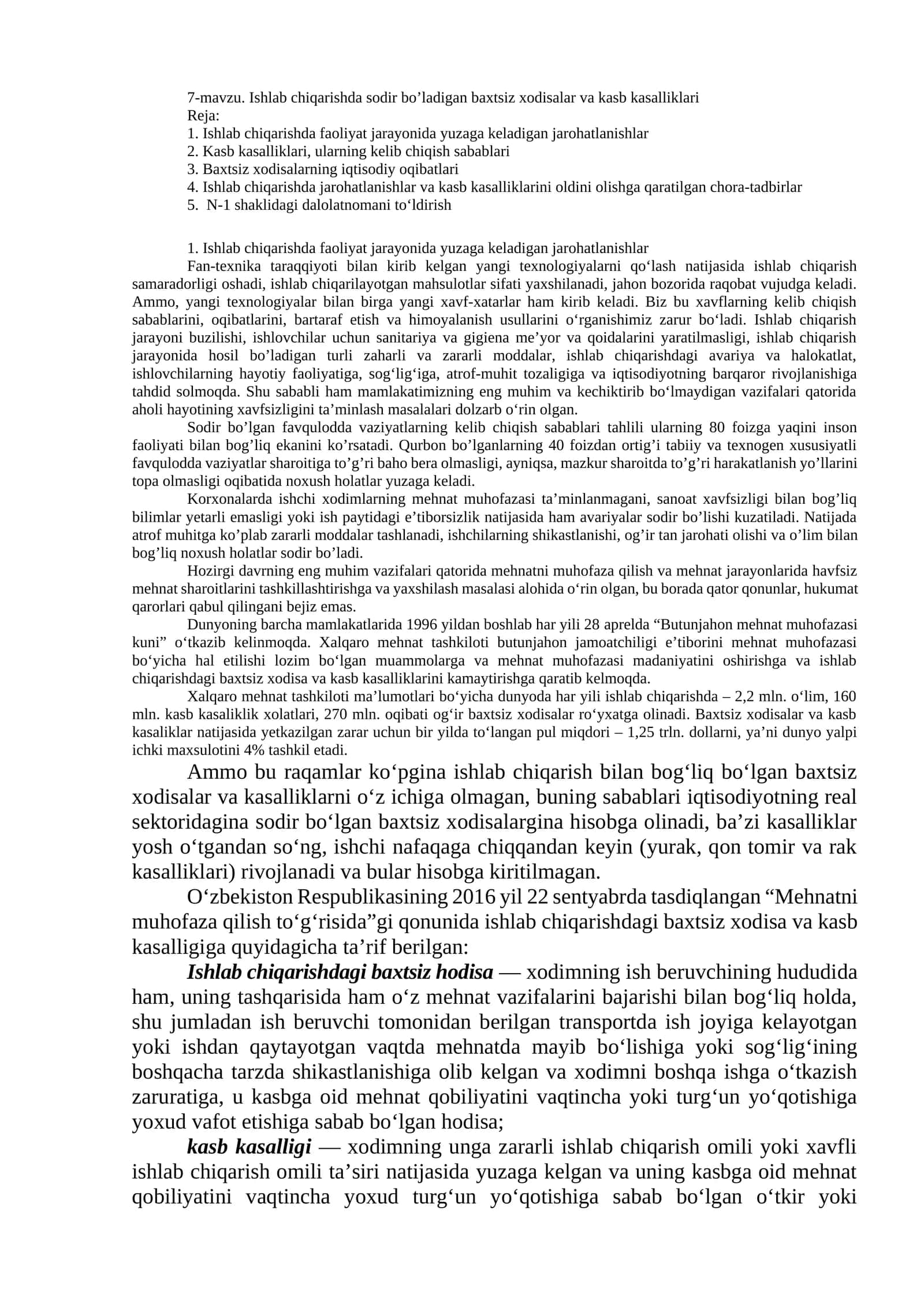 Ishlab chiqarishda sodir bo’ladigan baxtsiz xodisalar va kasb kasalliklari 1