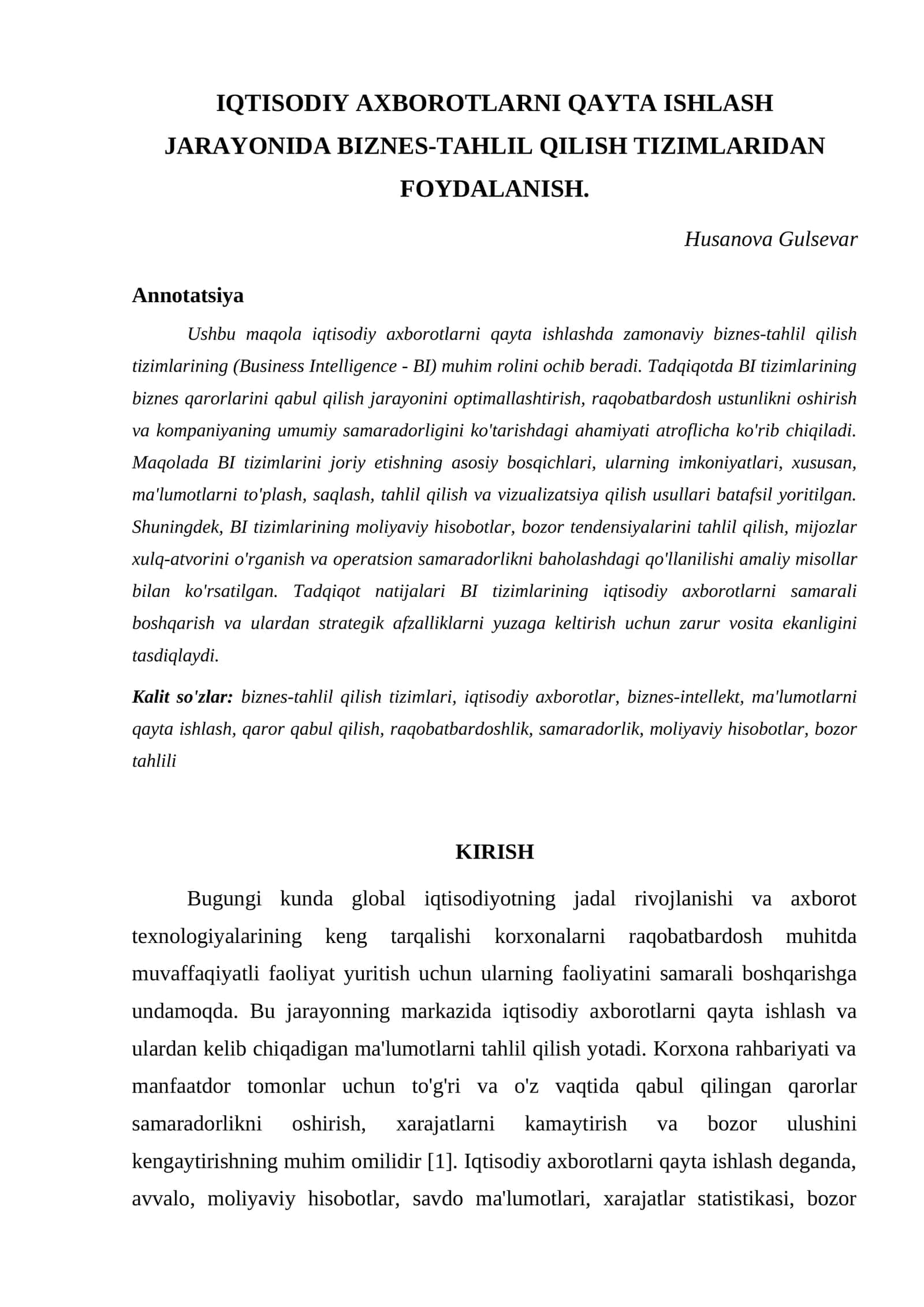 IQTISODIY AXBOROTLARNI QAYTA ISHLASH JARAYONIDA BIZNES-TAHLIL QILISH TIZIMLARIDAN FOYDALANISH 1