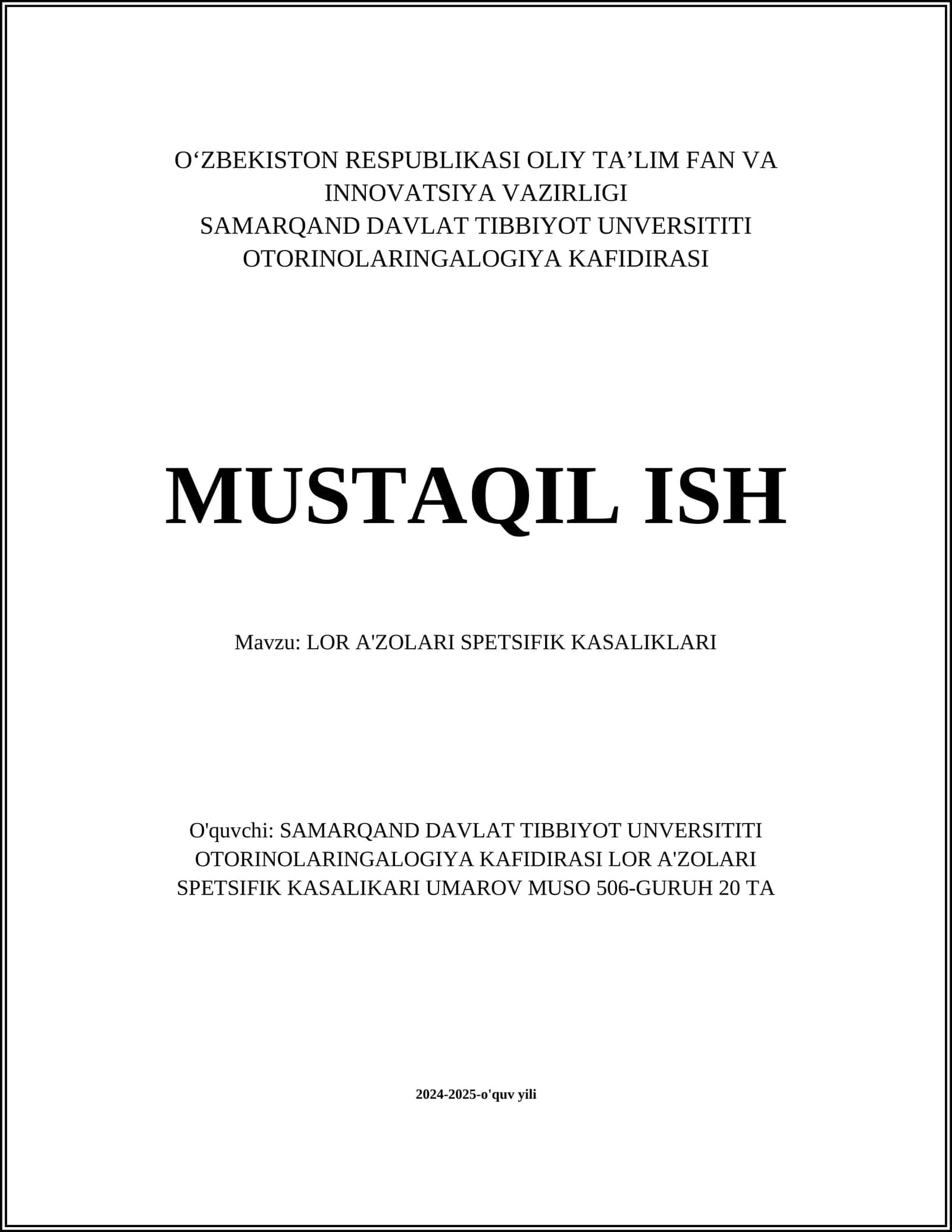 LOR A'ZOLARI SPETSIFIK KASALIKLARI 1