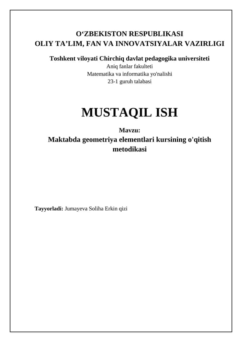 Maktabda geometriya elementlari kursining o'qitish metodikasi 1