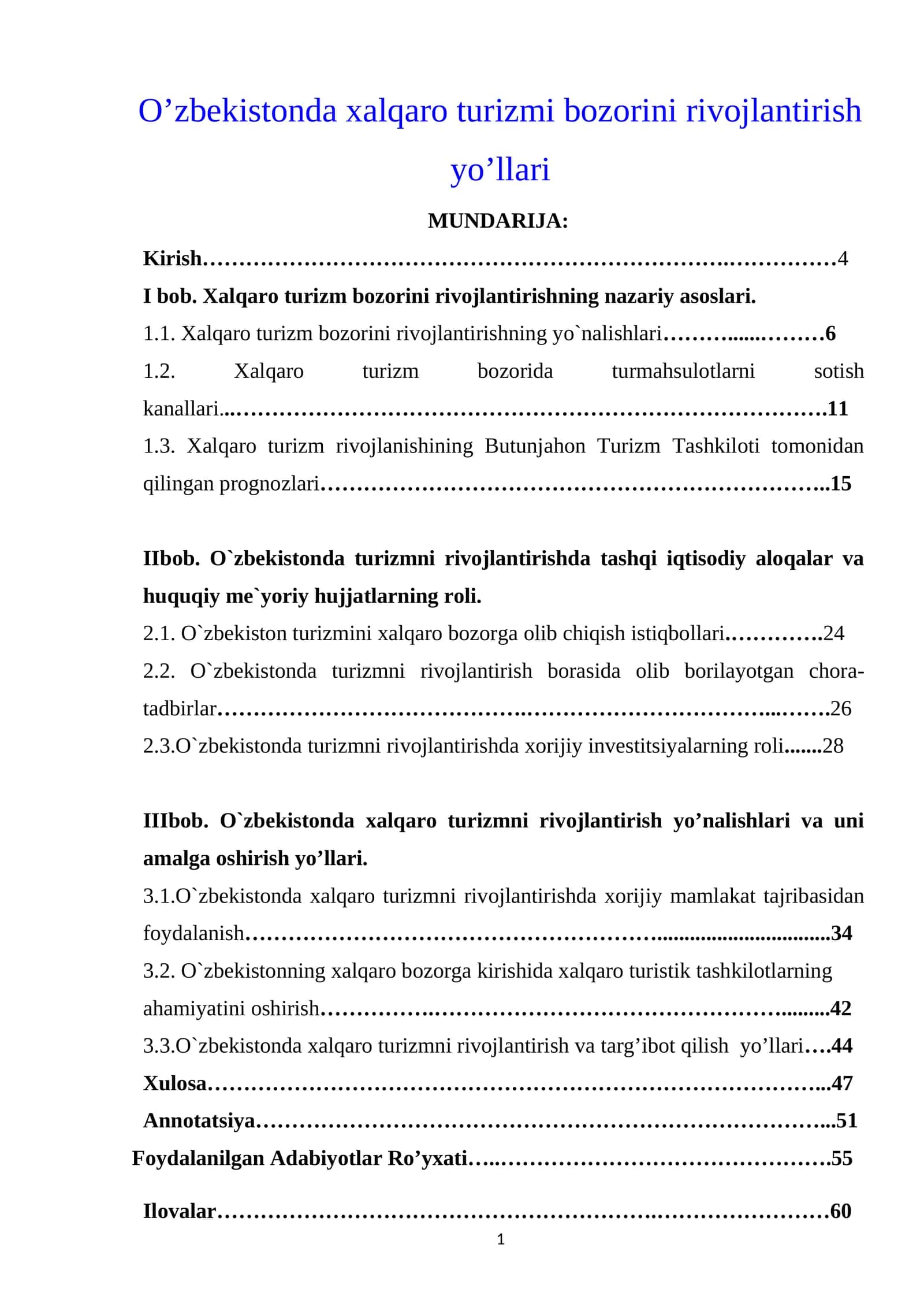 Xalqaro turizmi bozorini rivojlantirish yo’llari 1