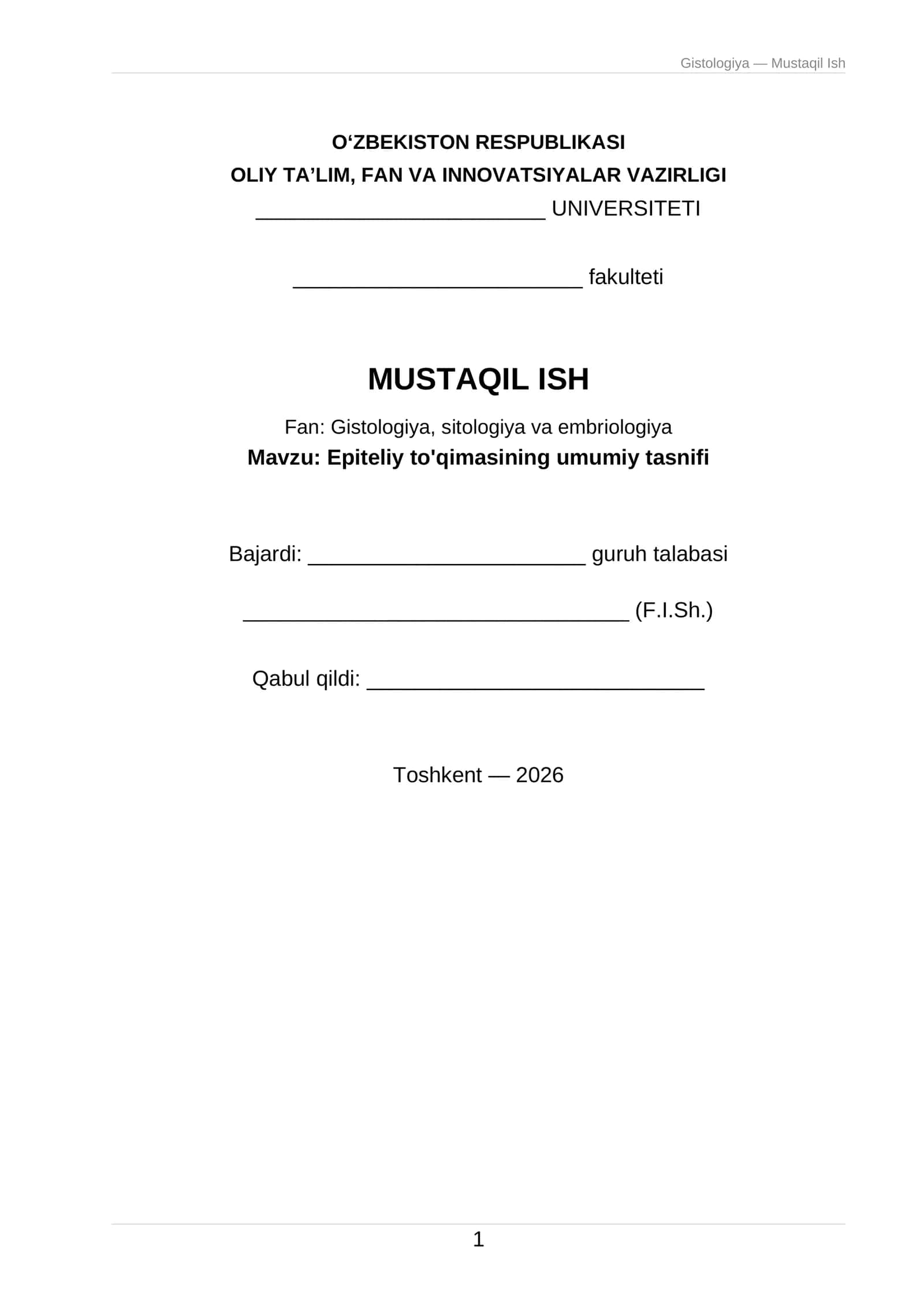 Epiteliy to'qimasining umumiy tasnifi 1