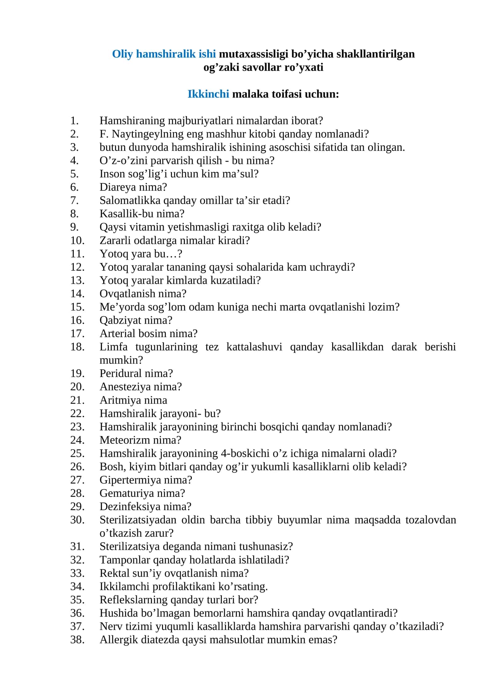 Oliy hamshiralik ishi mutaxassisligi bo’yicha shakllantirilgan og’zaki savollar ro’yxati 1