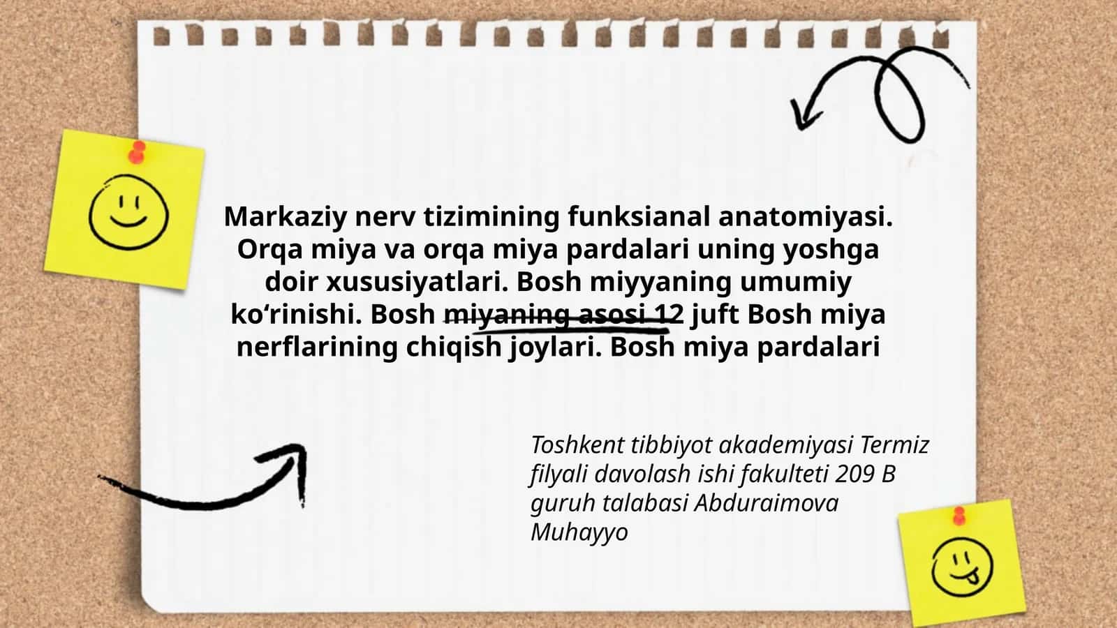 Markaziy nerv tizimining funksianal anatomiyasi. Orqa miya va orqa miya pardalari uning yoshga doir xususiyatlari. Bosh miyyaning umumiy ko‘rinishi. Bosh miyaning asosi 12 juft Bosh miya nerflarining chiqish joylari. Bosh miya pardalari 1