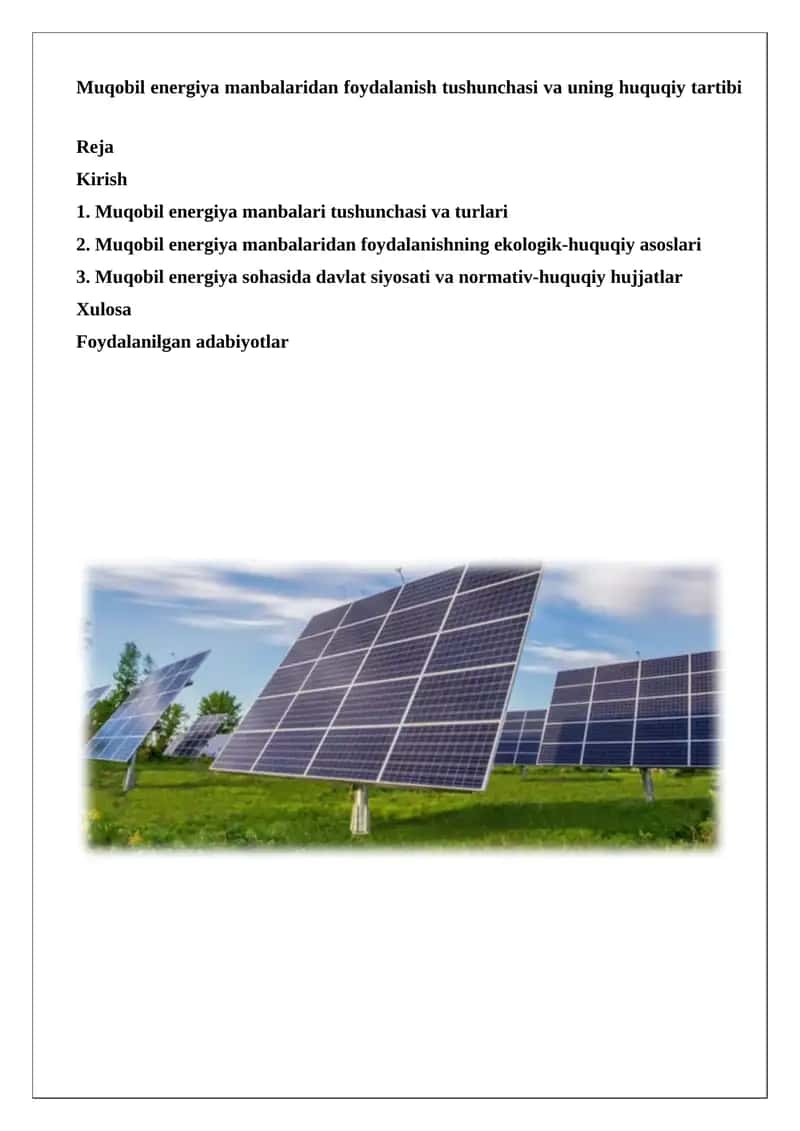 Muqobil energiya manbalaridan foydalanish tushunchasi va uning huquqiy tartibi 1