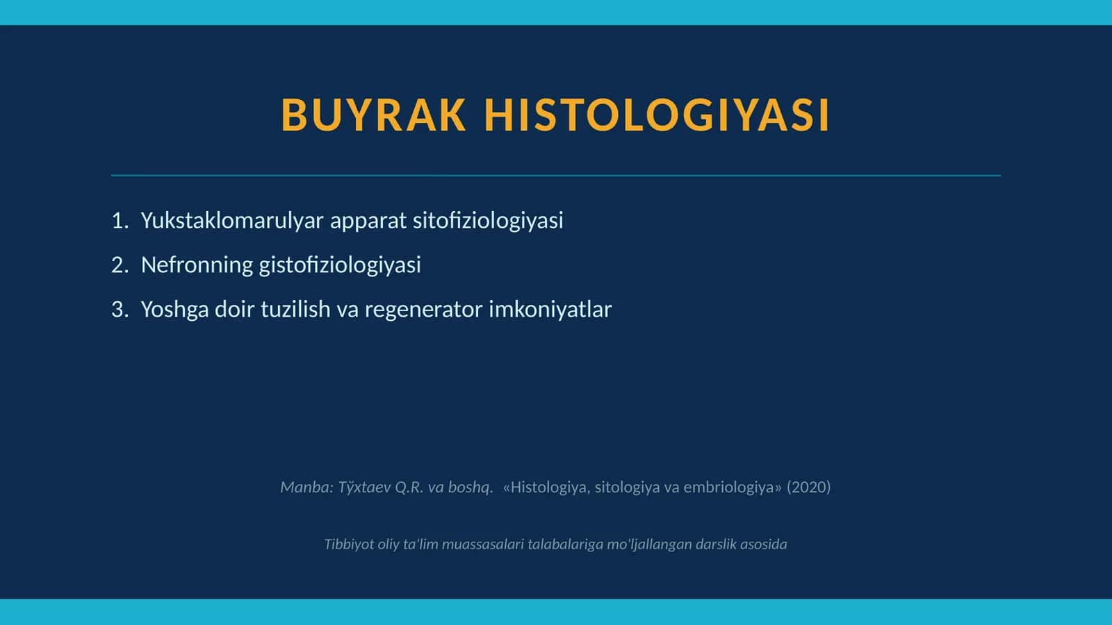 Buyrakning yukstaglomerulyar apparati sitofiziologiyasi.Nefronning gistofiziologiyasi.Buyraklar tuzilishi va regenerator imkoniyatlarining yoshga doir xususiyatlari 1