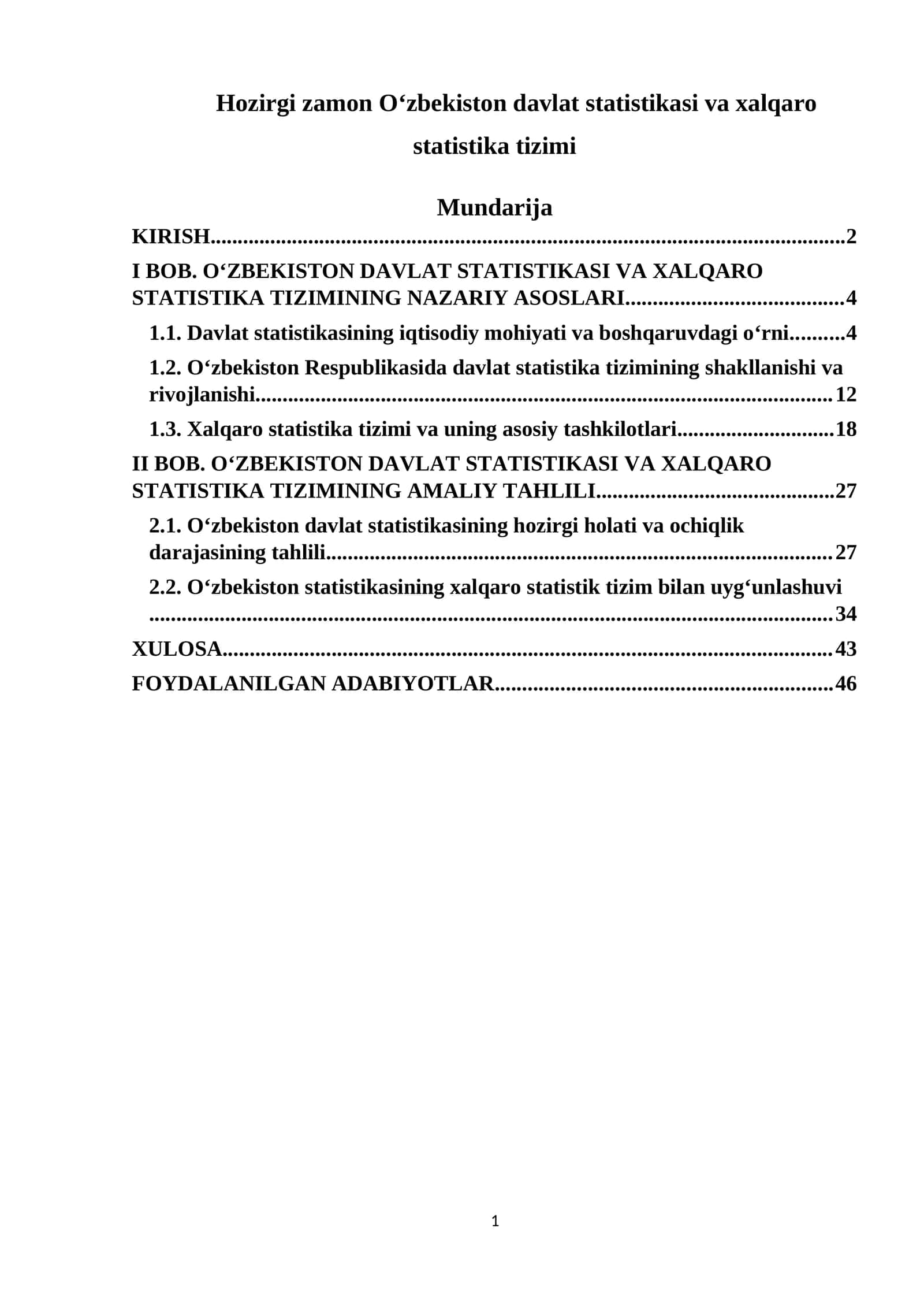 Hozirgi zamon O‘zbekiston davlat statistikasi va xalqaro statistika tizimi 1