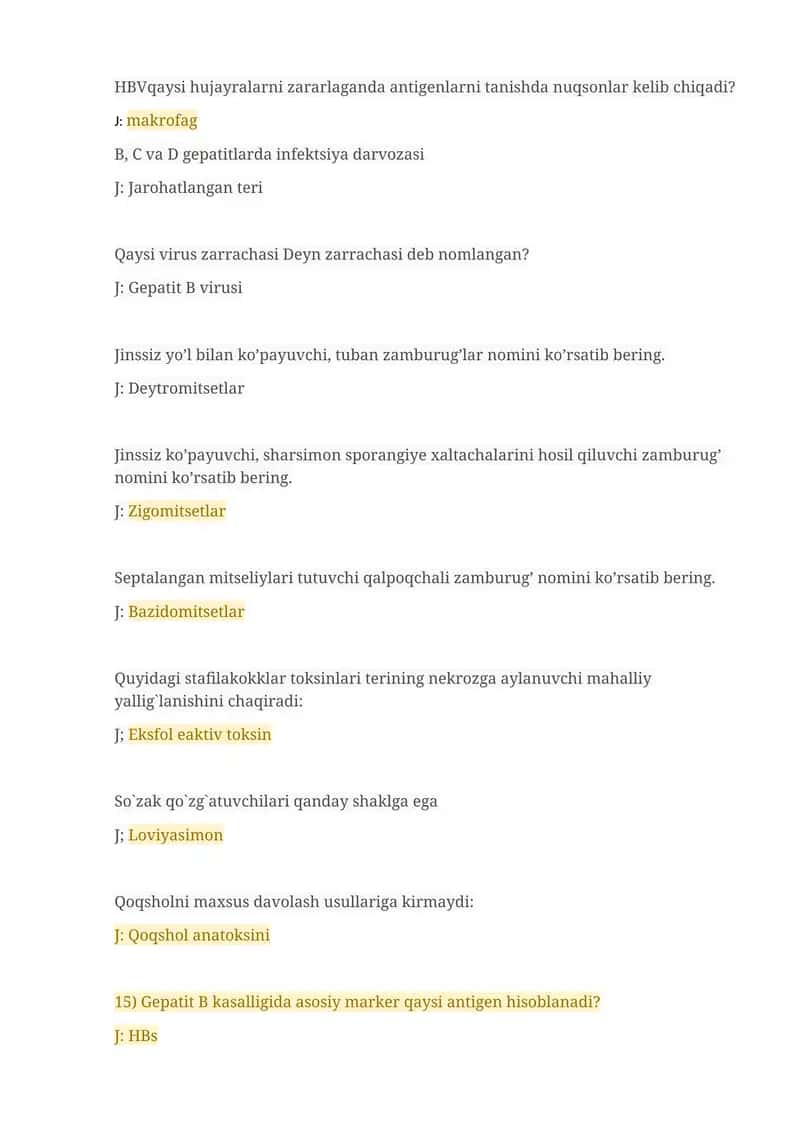 Gepatit, zamburug'lar va stafilakokklar bo'yicha savol-javoblar 1