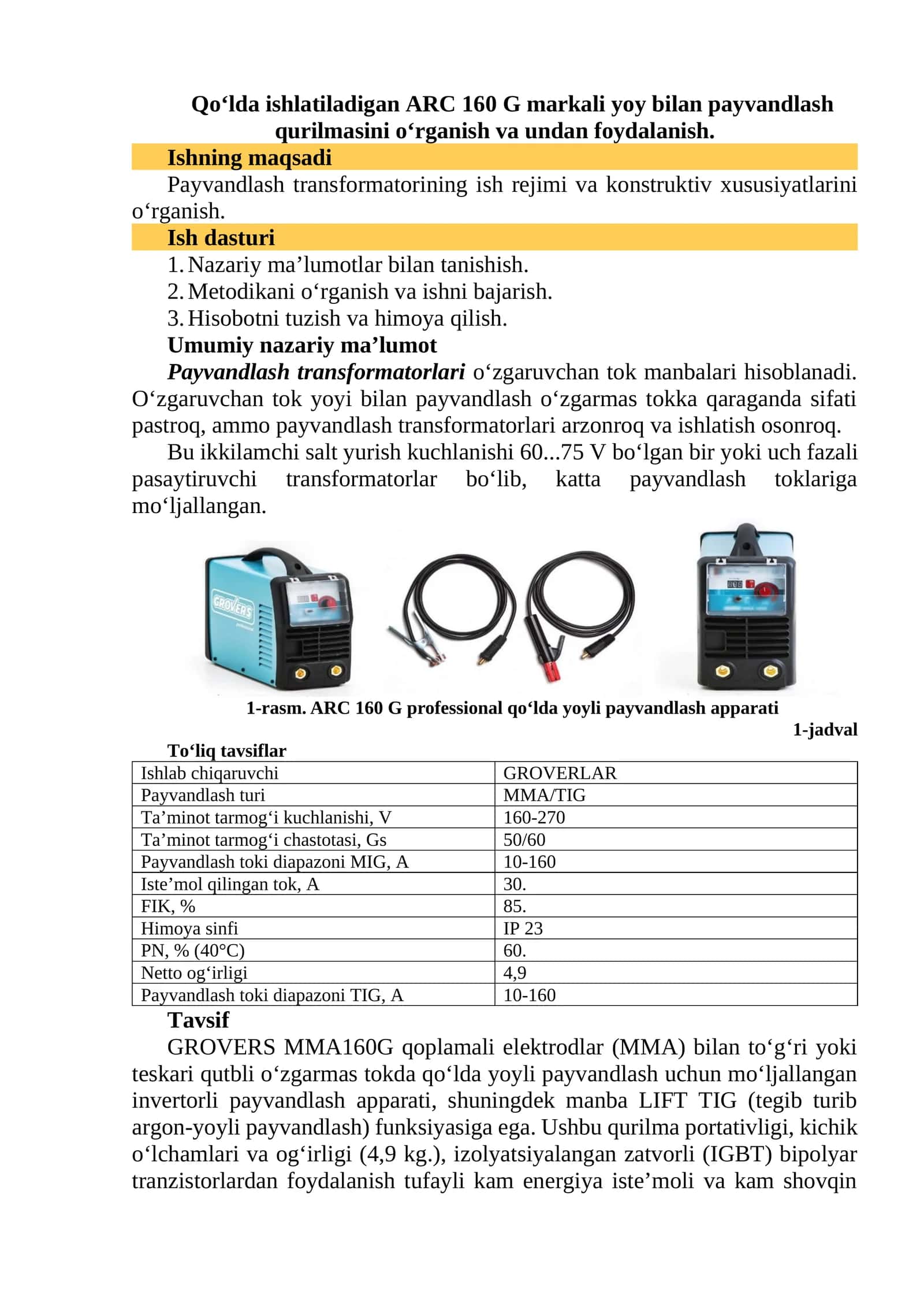 ARC 160 G markali yoy bilan payvandlash qurilmasi 1