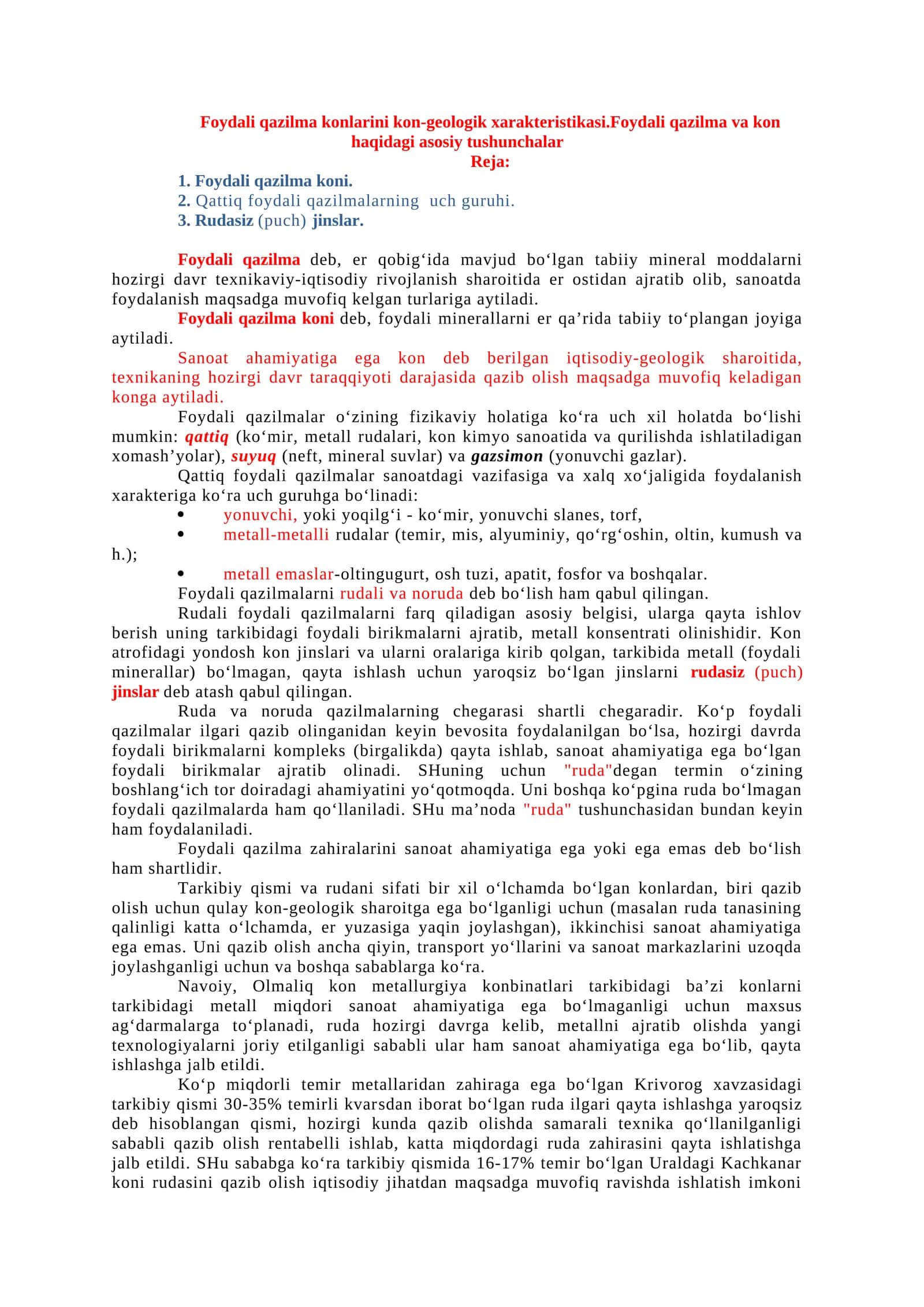 Foydali qazilma konlarini kon-geologik xarakteristikasi 1