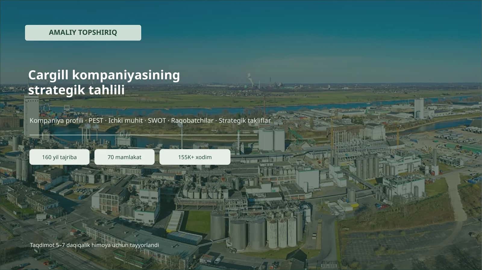cargill kompaniyasi pest, raqobatchilar, ichki muhit va swot tahlil, strategik takliflar. 1