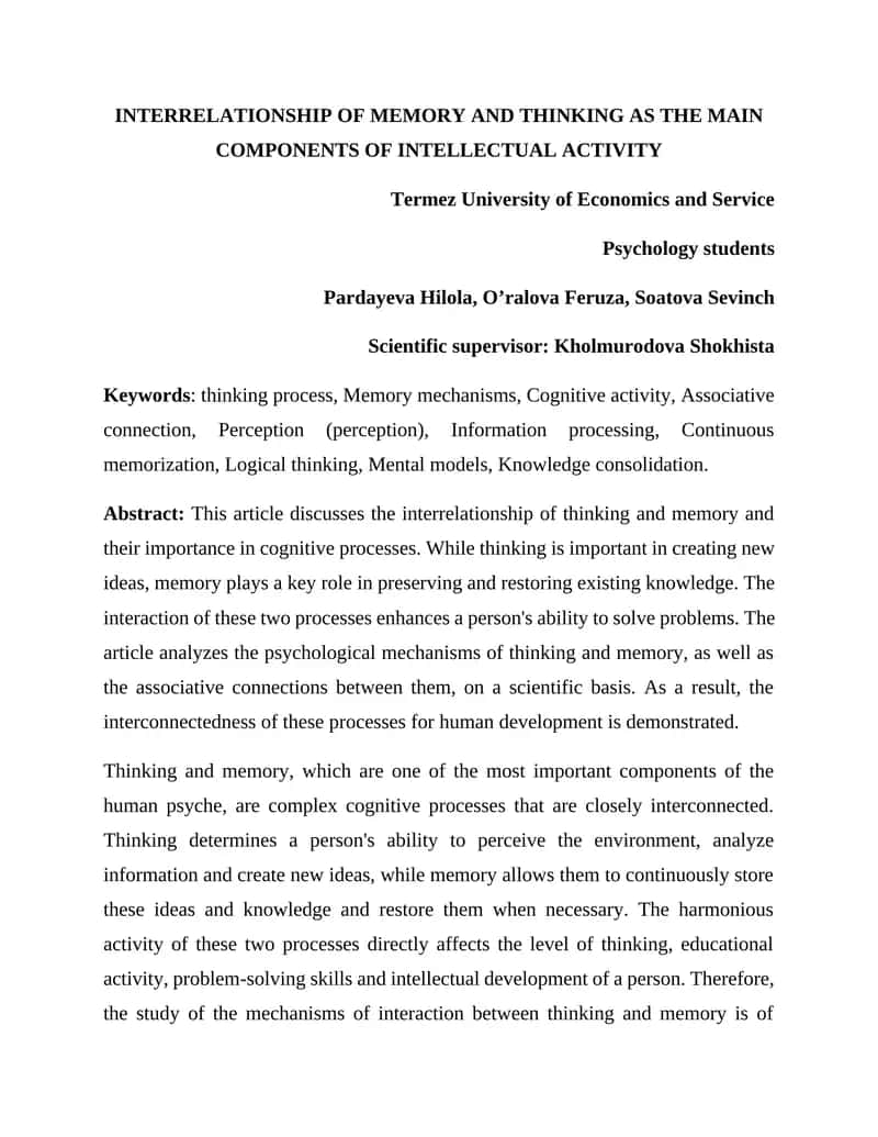 Interrelationship of Memory and Thinking as the Main Components of Intellectual Activity 1