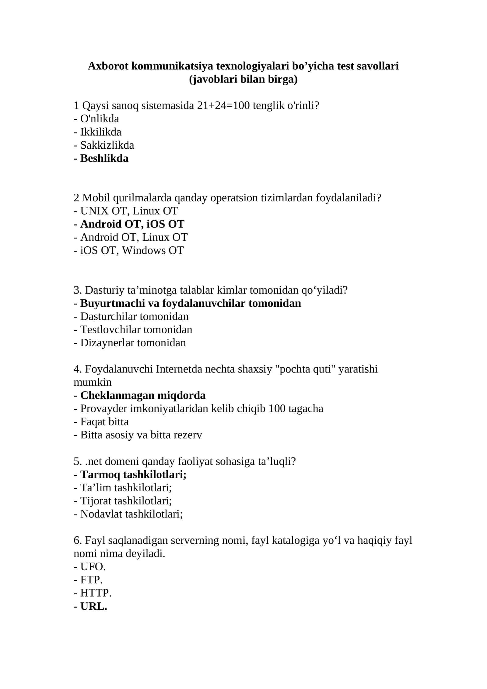 Axborot kommunikatsiya texnologiyalari bo’yicha test savollari (javoblari bilan birga) 1