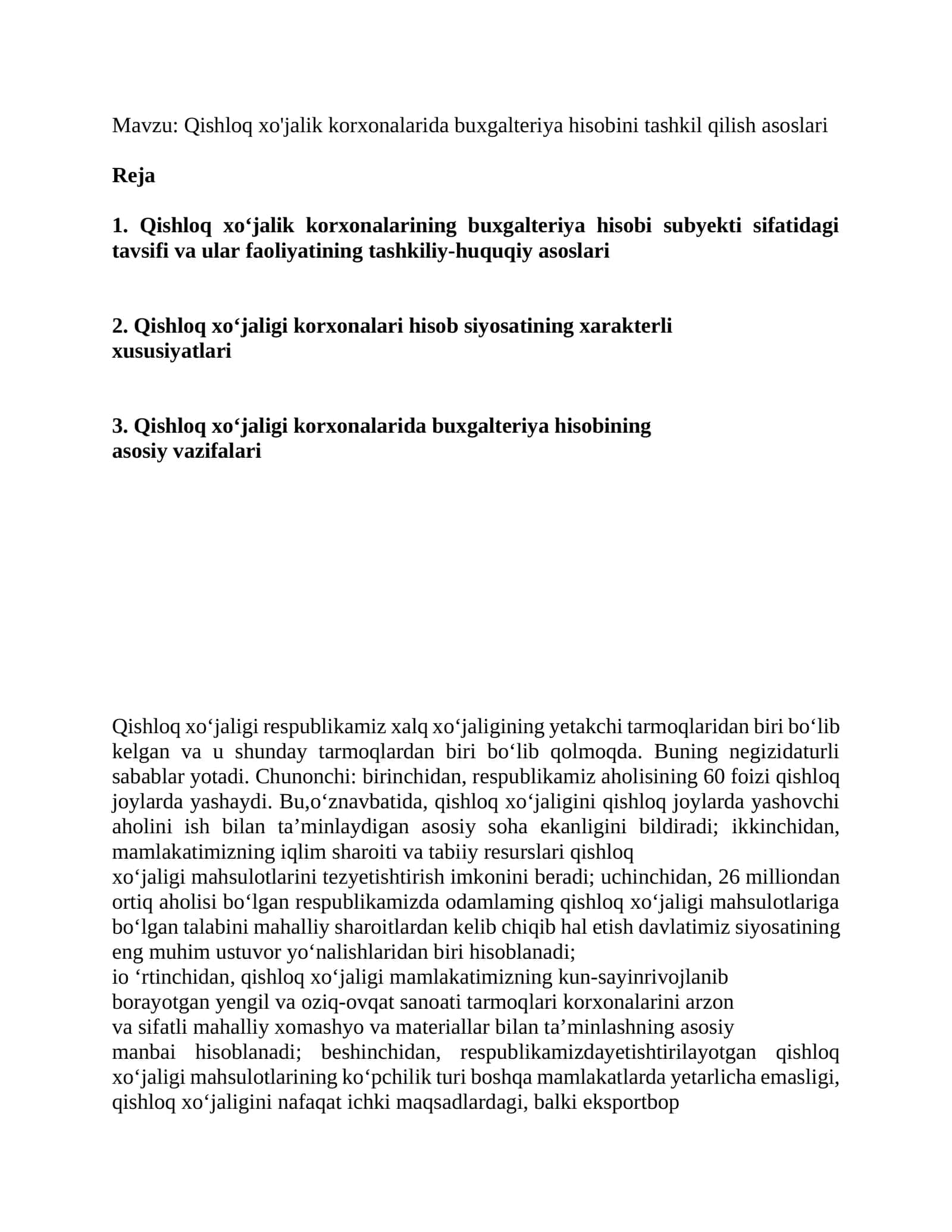 Qishloq xo'jalik korxonalarida buxgalteriya hisobini tashkil qilish asoslari 1