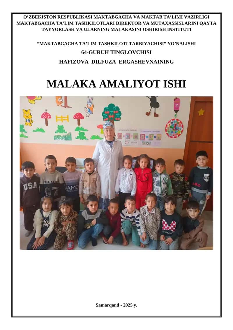 “MAKTABGACHA TA’LIM TASHKILOTLARI DIREKTOR VA MUTAXASSISLARINI QAYTA TAYYORLASH VA ULARNING MALAKASINI OSHIRISH INSTITUTI” 1