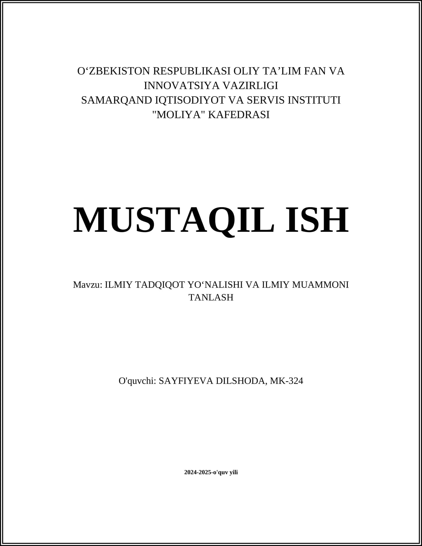 ILMIY TADQIQOT YO‘NALISHI VA ILMIY MUAMMONI TANLASH 1