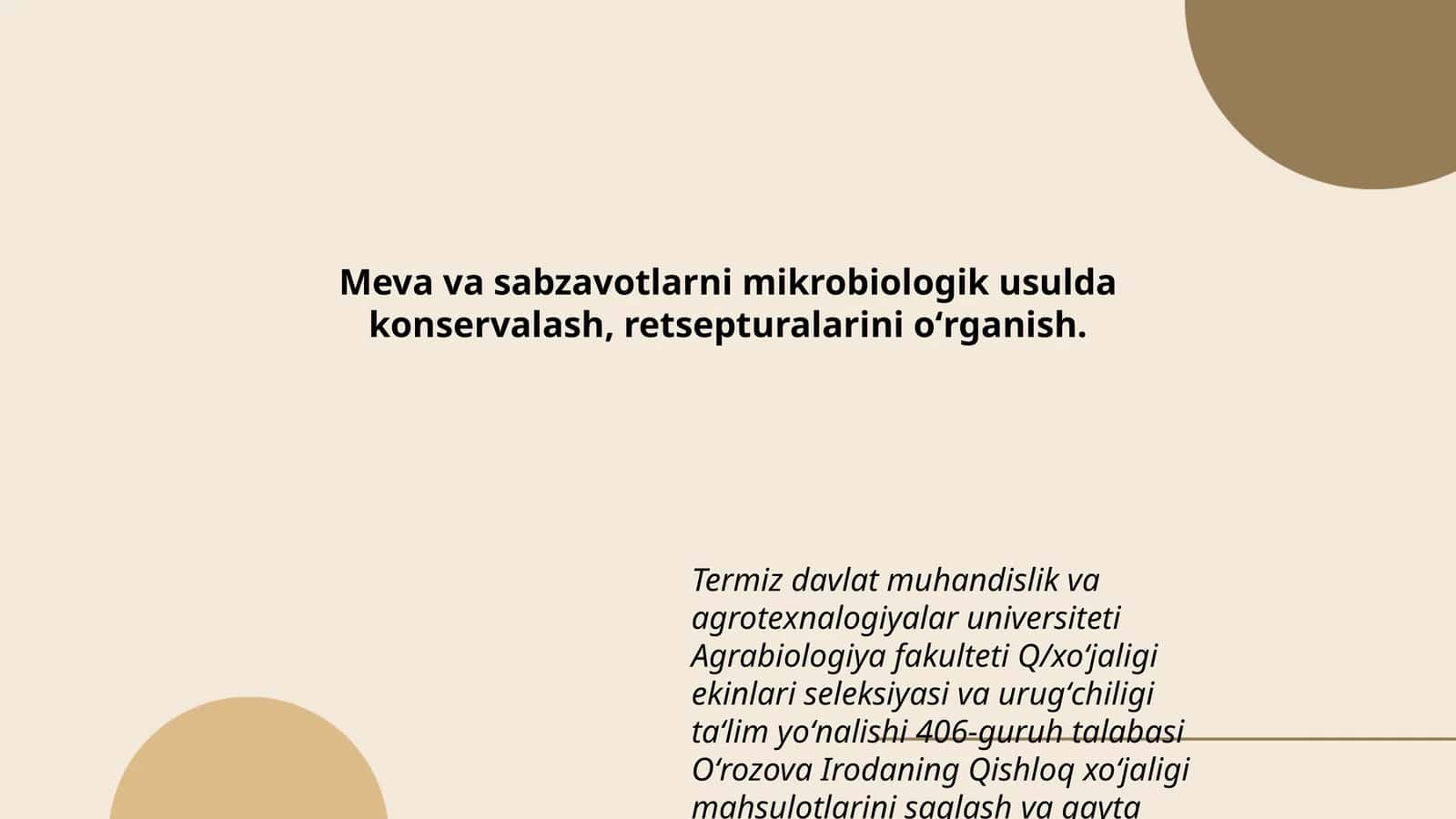 Meva va sabzavotlarni mikrobiologik usulda konservalash, retsepturalarini oʻrganish 1