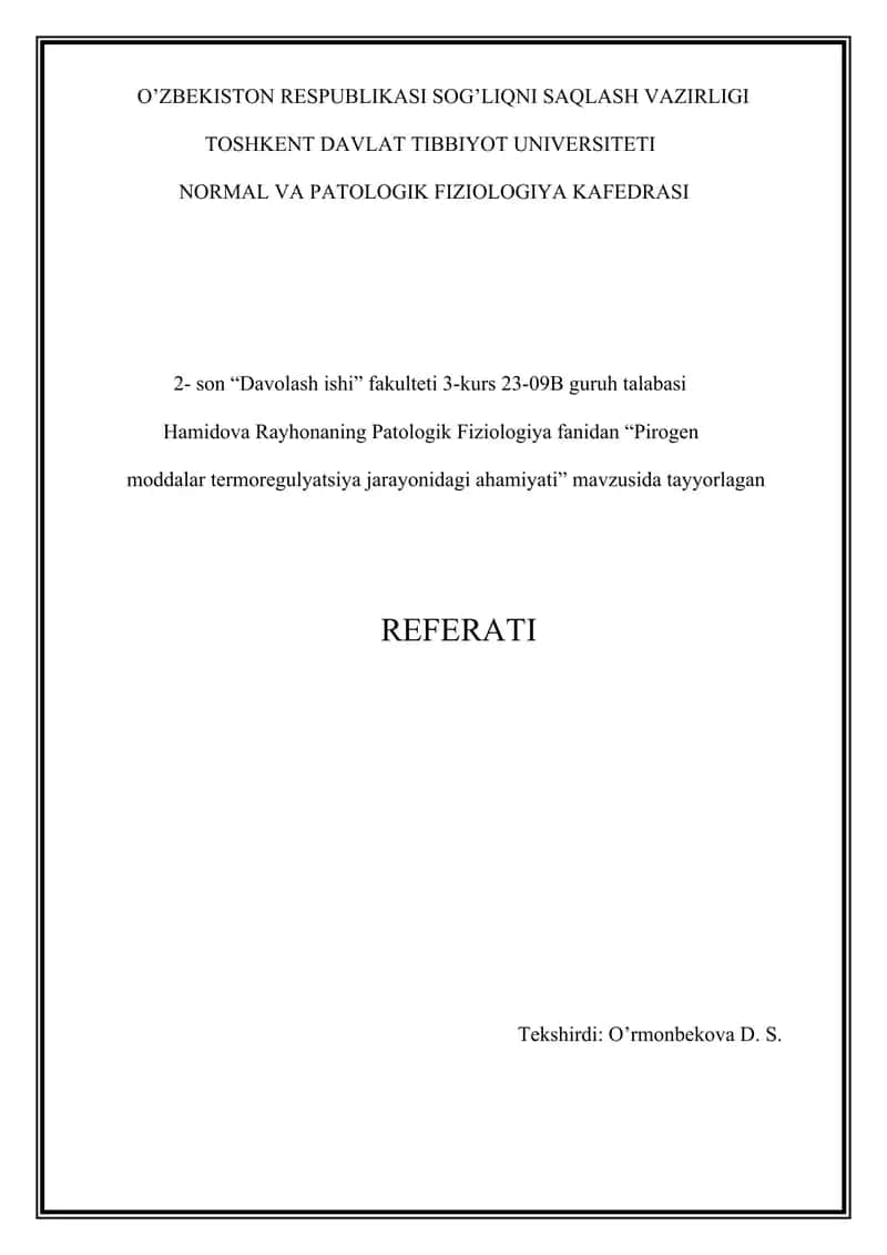 Pirogen moddalar termoregulyatsiya jarayonidagi ahamiyati 1