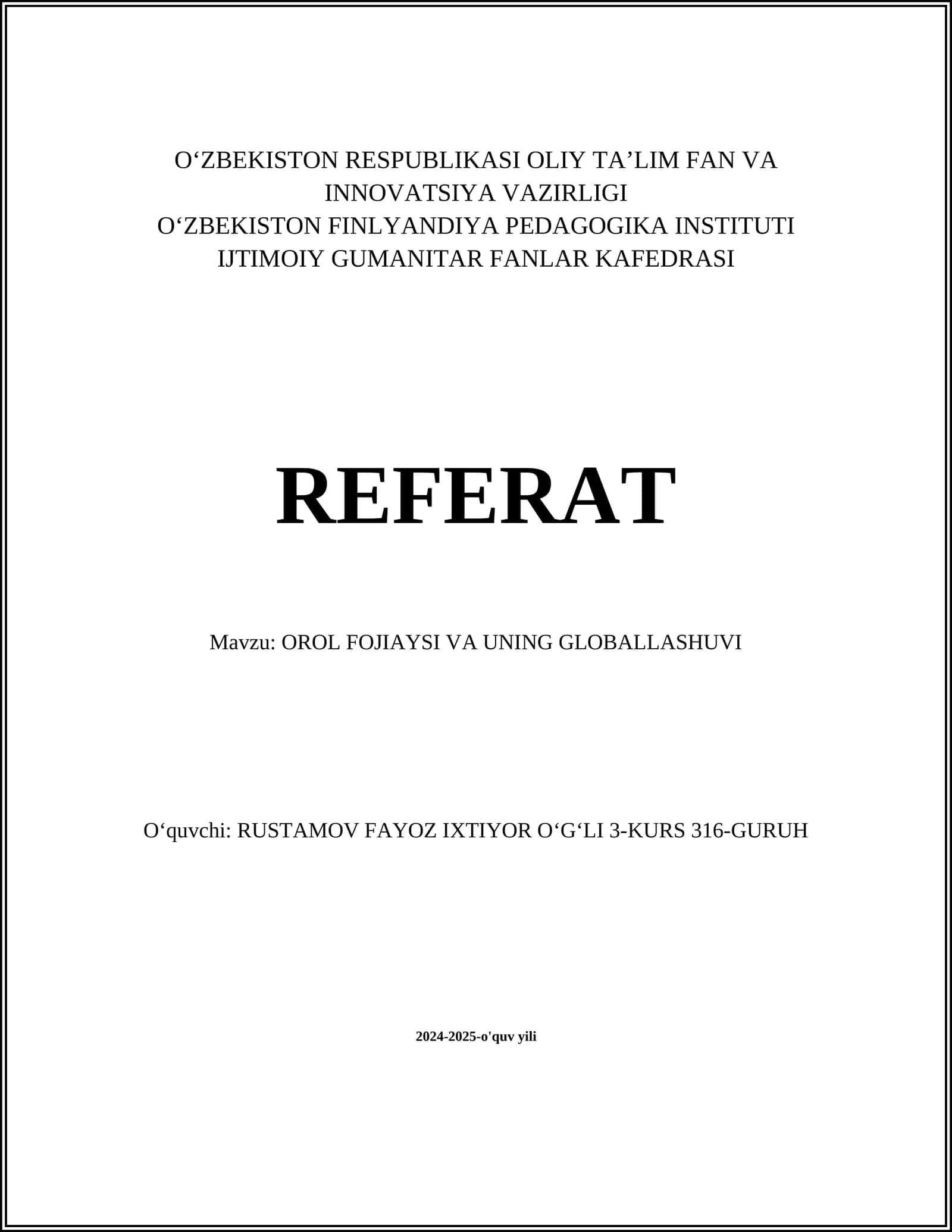 OROL FOJIAYSI VA UNING GLOBALLASHUVI 1