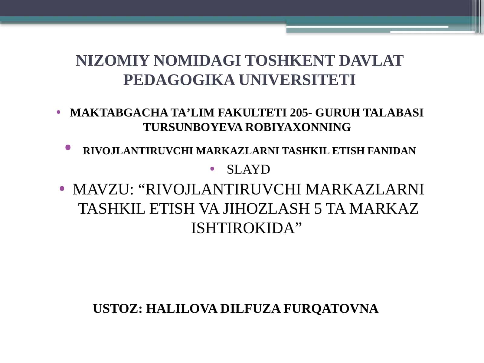 Rivojlantiruvchi markazlarni tashkil etish va jihozlash 5 ta markaz ishtirokida 1