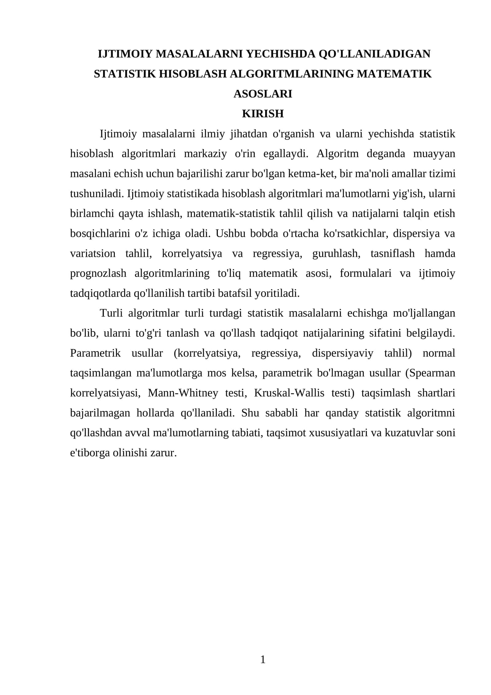 IJTIMOIY MASALALARNI YECHISHDA QO'LLANILADIGAN STATISTIK HISOBLASH ALGORITMLARINING MATEMATIK ASOSLARI 1