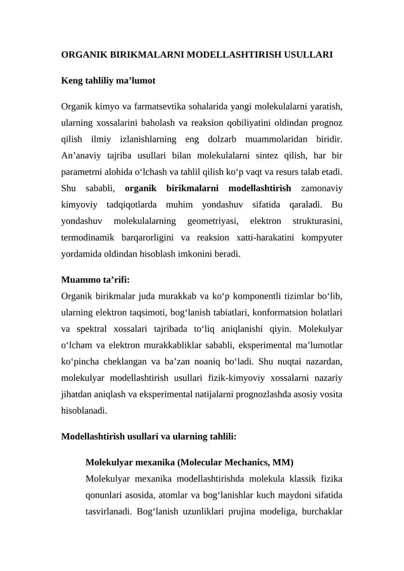 Organik Birikmalar Modellashtirish Usullari 1