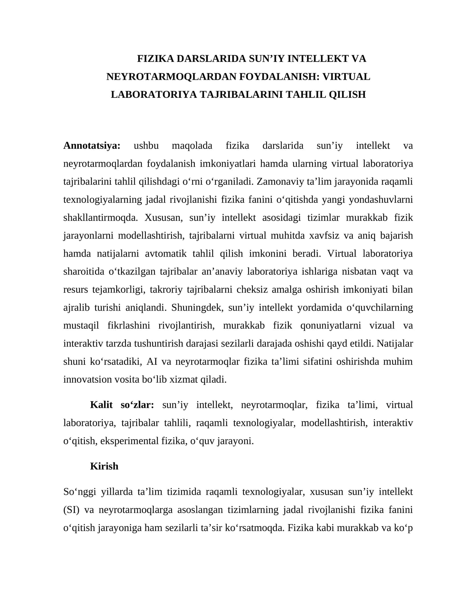FIZIKA DARSLARIDA SUNʼIY INTELLEKT VA NEYROTARMOQLARDAN FOYDALANISH: VIRTUAL LABORATORIYA TAJRIBALARINI TAHLIL QILISH 1