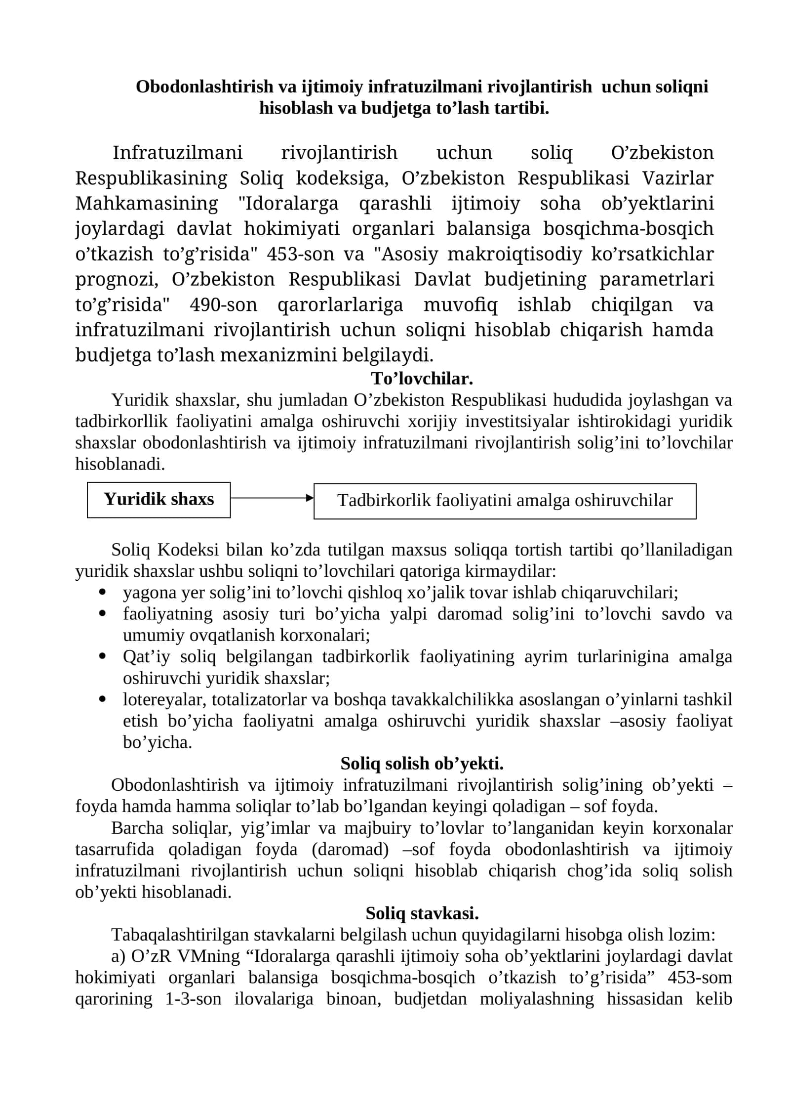 Obodonlashtirish va ijtimoiy infratuzilmani rivojlantirish uchun soliqni hisoblash va budjetga to’lash tartibi 1